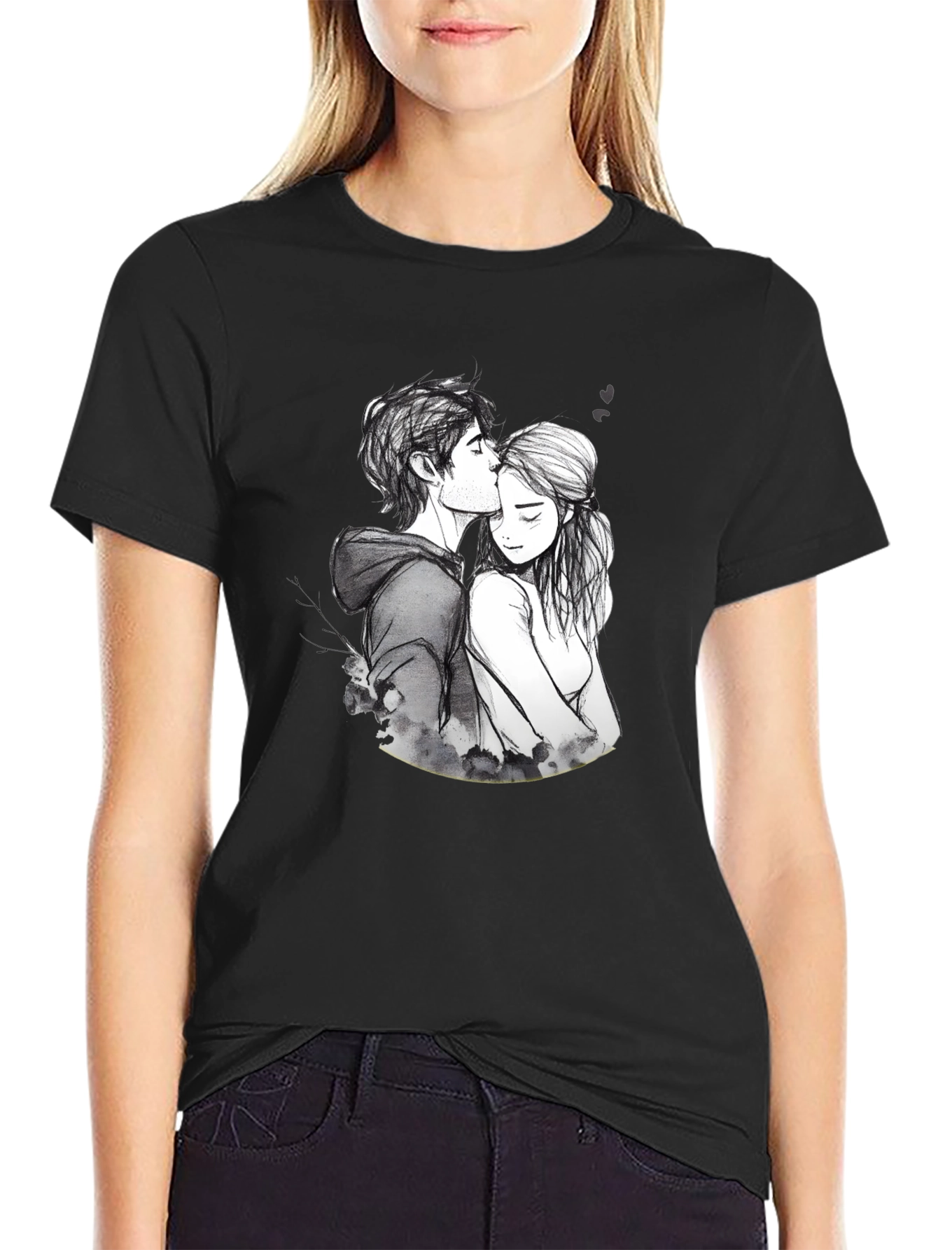 Romantic Couple Sketch Black T-Shirt