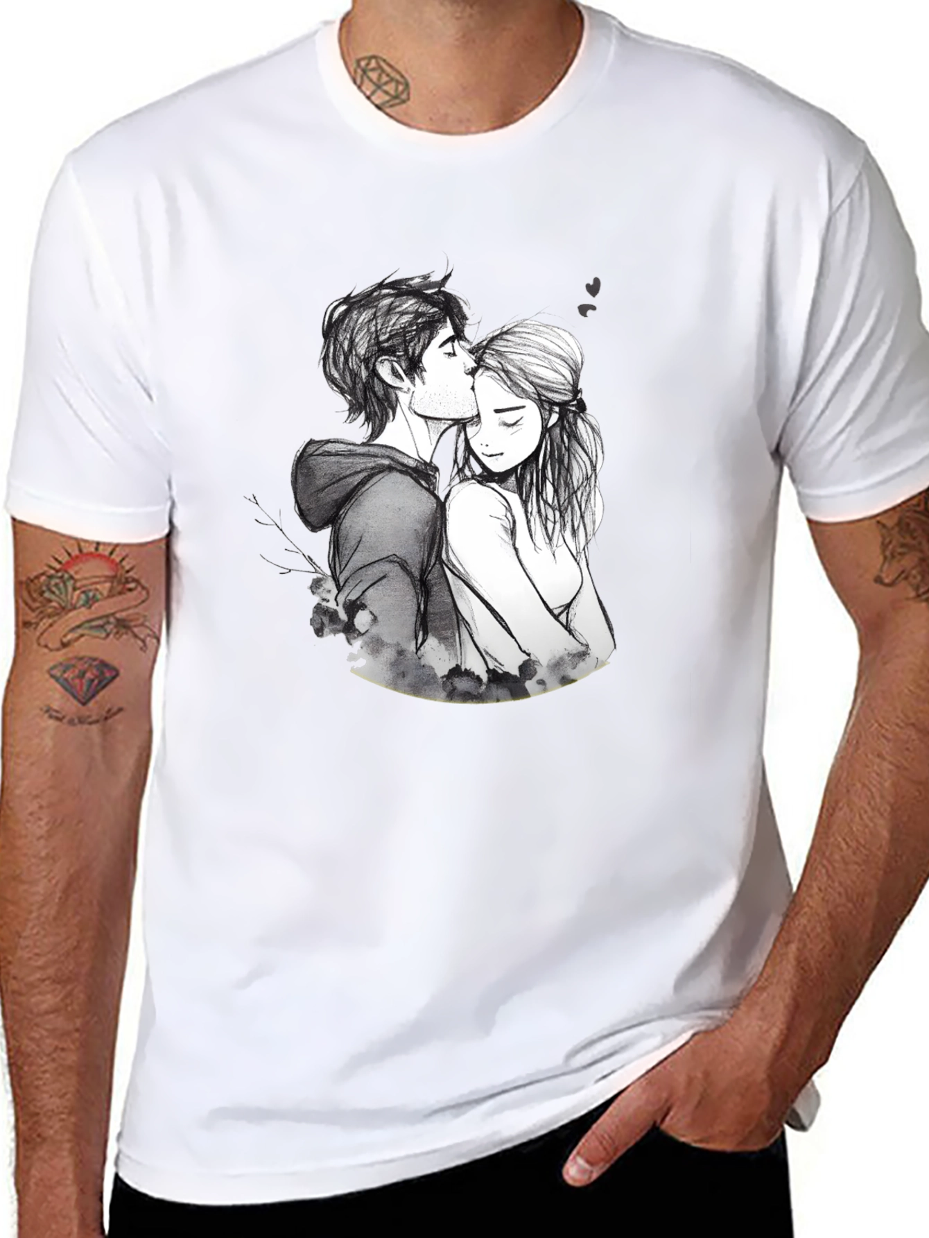 Romantic Couple Sketch Black T-Shirt