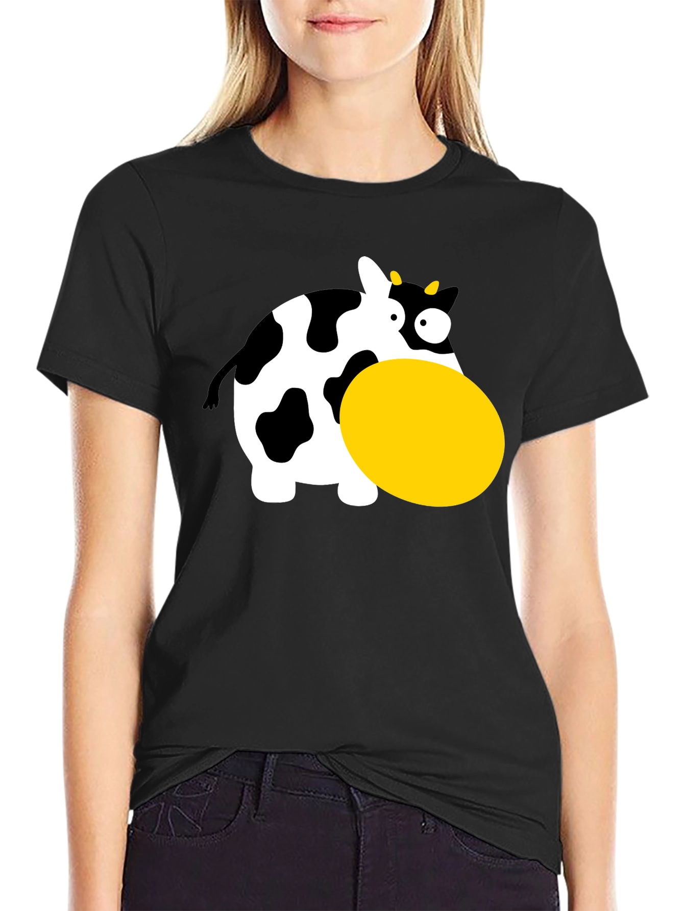 Funny Cartoon Cow Graphic T-Shirt - Black