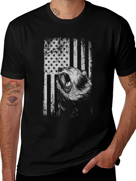 Grizzly Bear American Flag Graphic T-Shirt