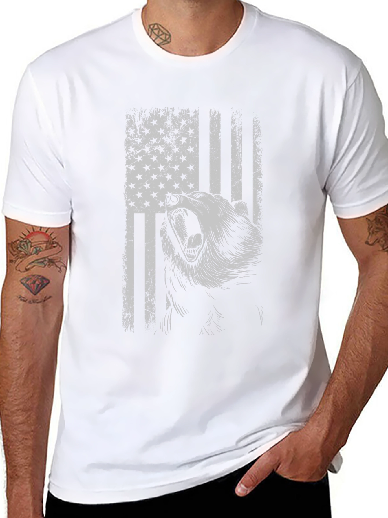 Grizzly Bear American Flag Graphic T-Shirt