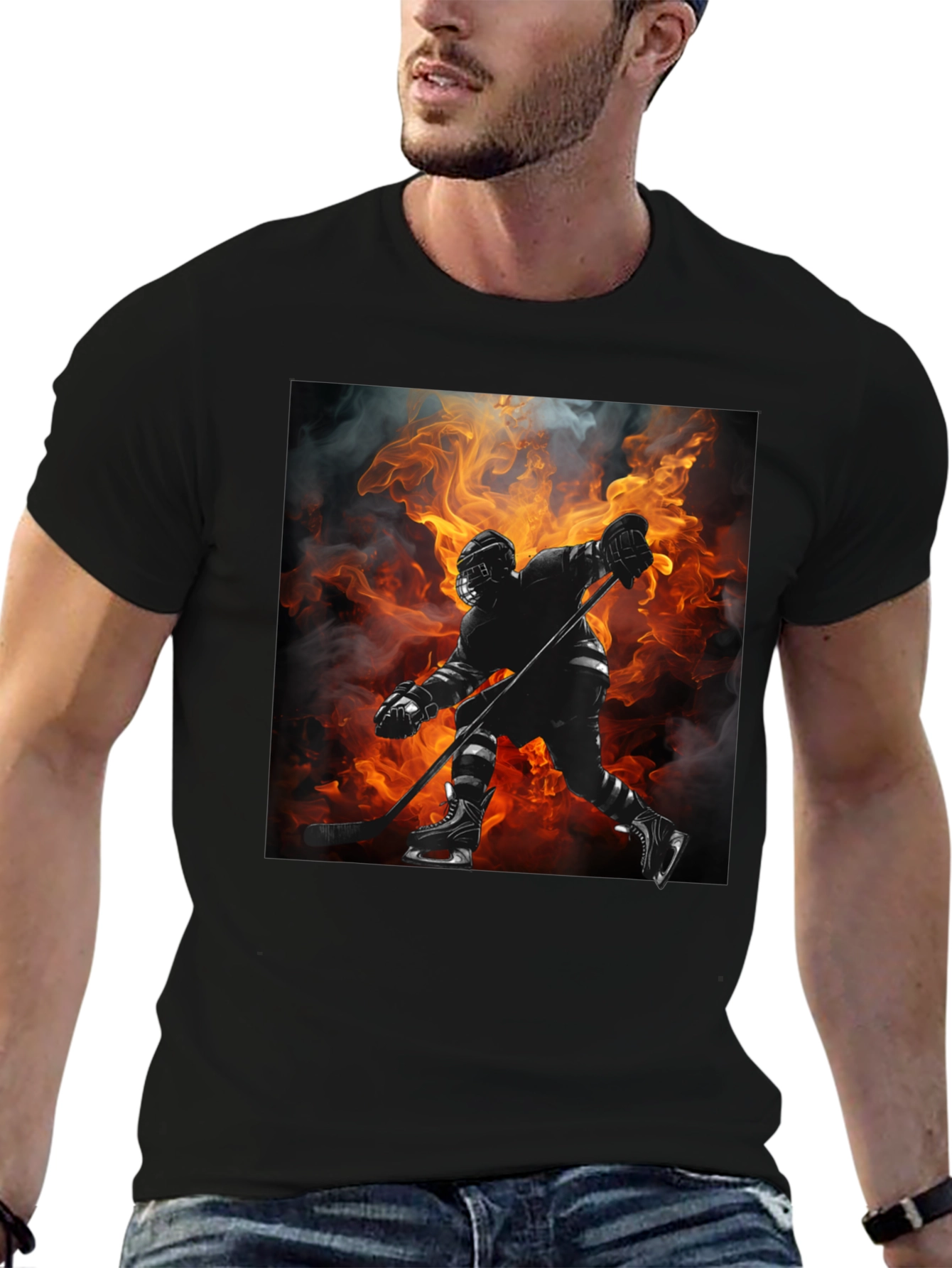 Hockey Player Flames Graphic T-Shirt