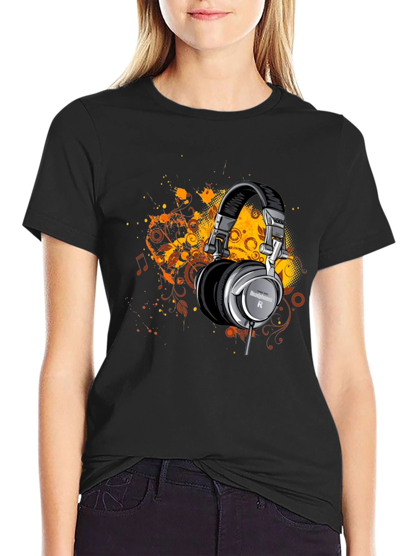 Headphones Graphic Print Black T-Shirt
