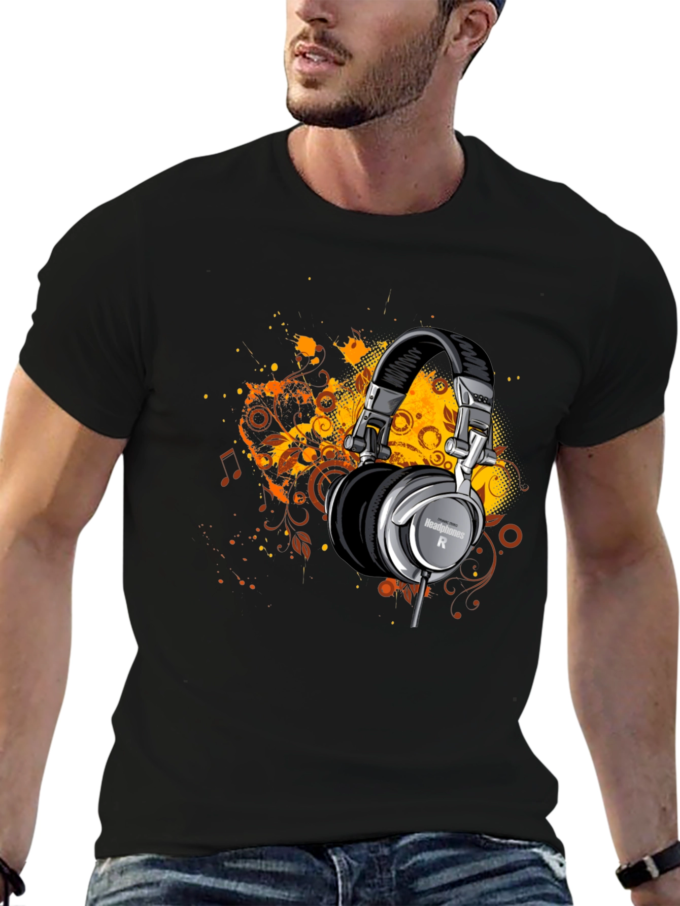 Headphones Graphic Print Black T-Shirt