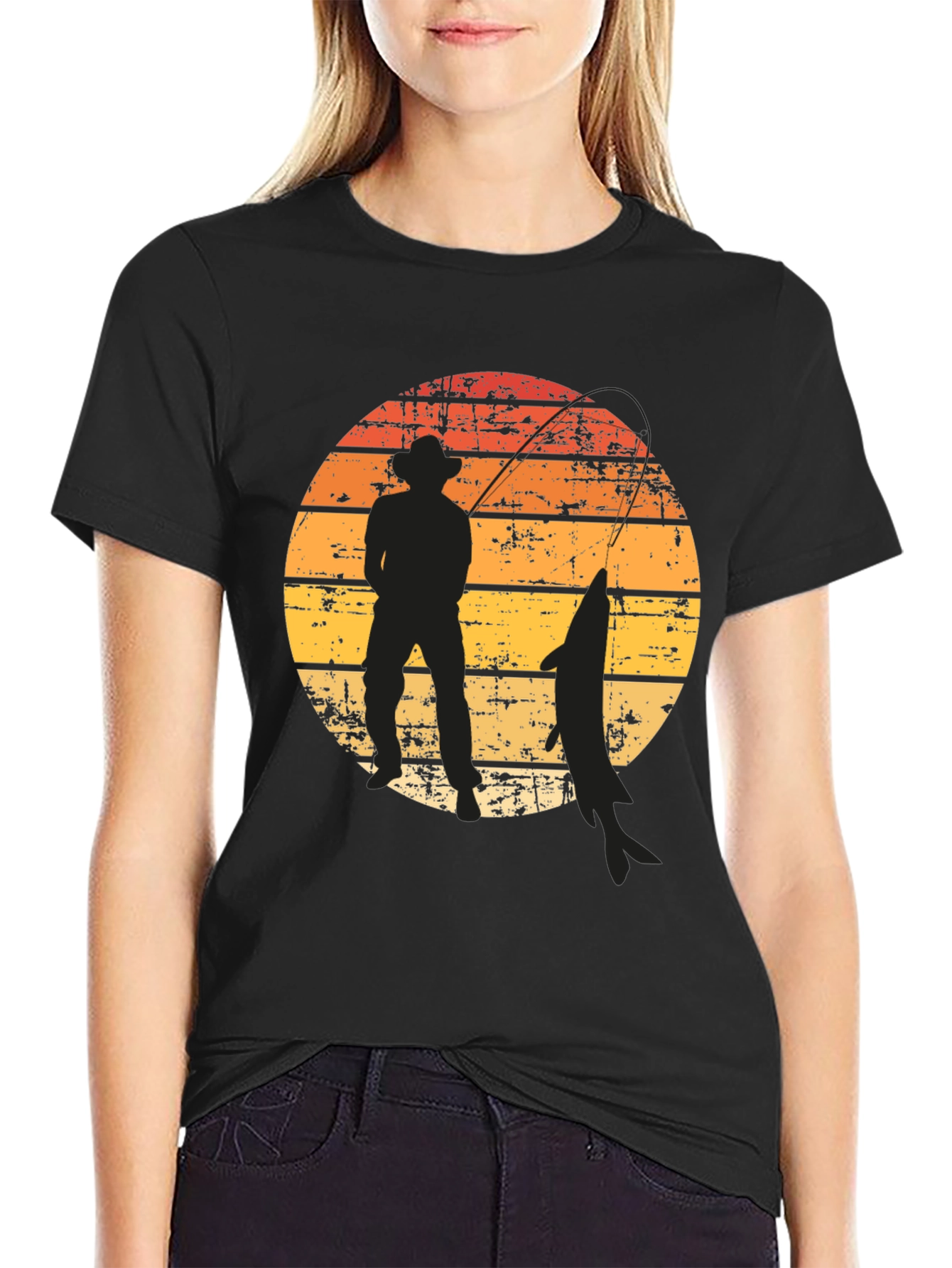 Fisherman Silhouette Graphic Tee - Sunset Design
