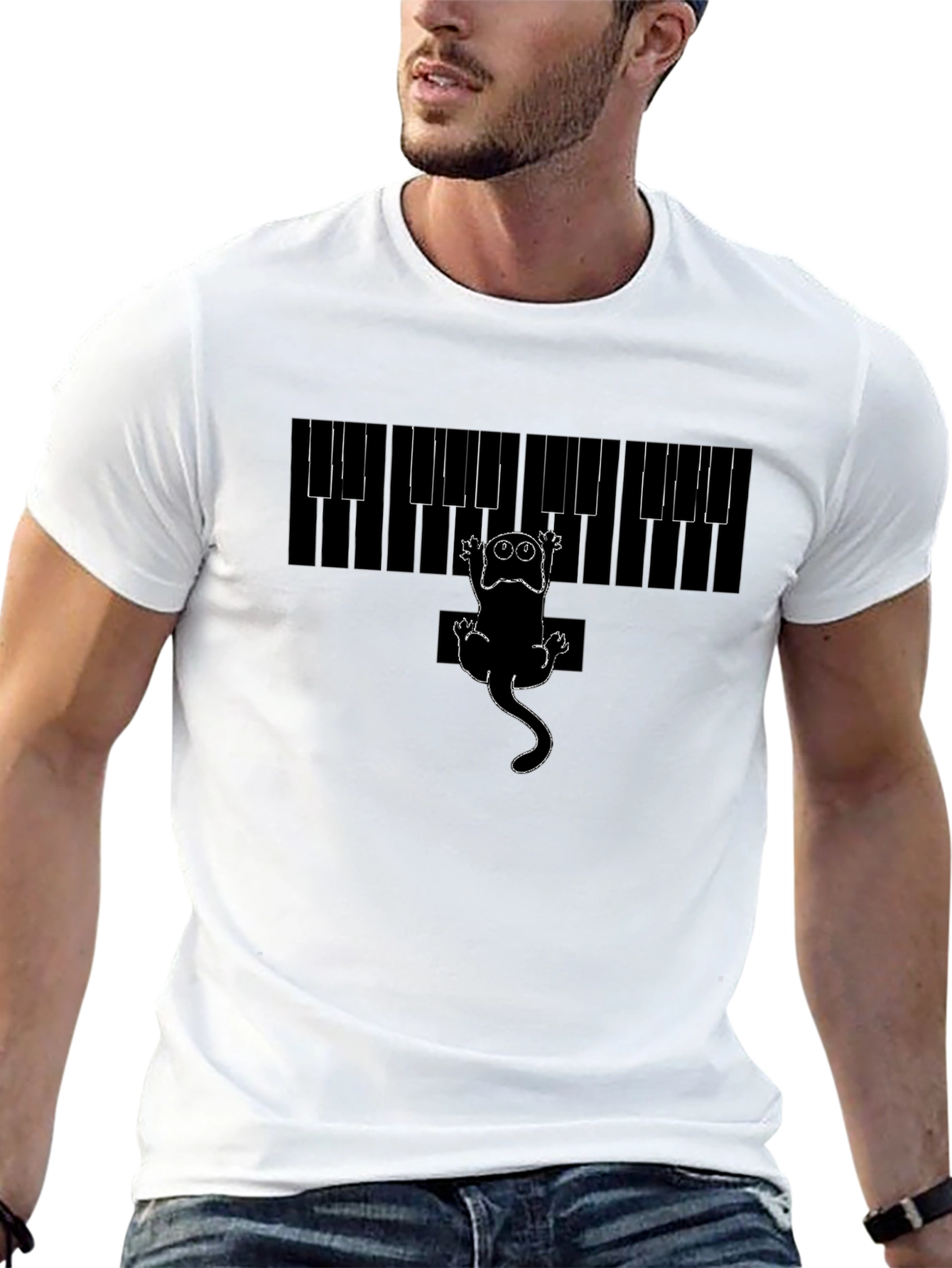 Piano Cat Graphic Tee - Black Cotton T-Shirt