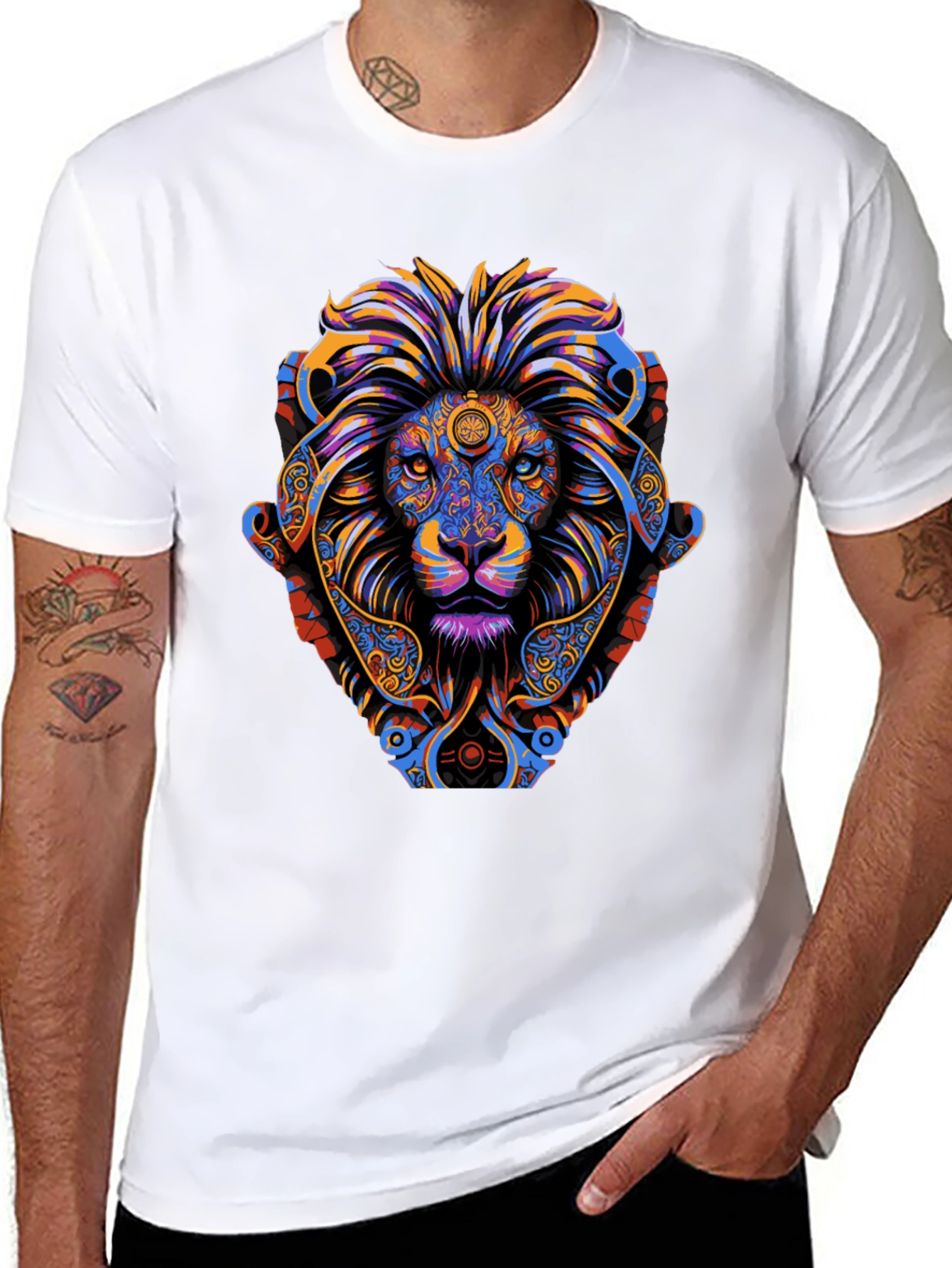 Psychedelic Lion Graphic Tee - Vibrant Mens T-Shirt