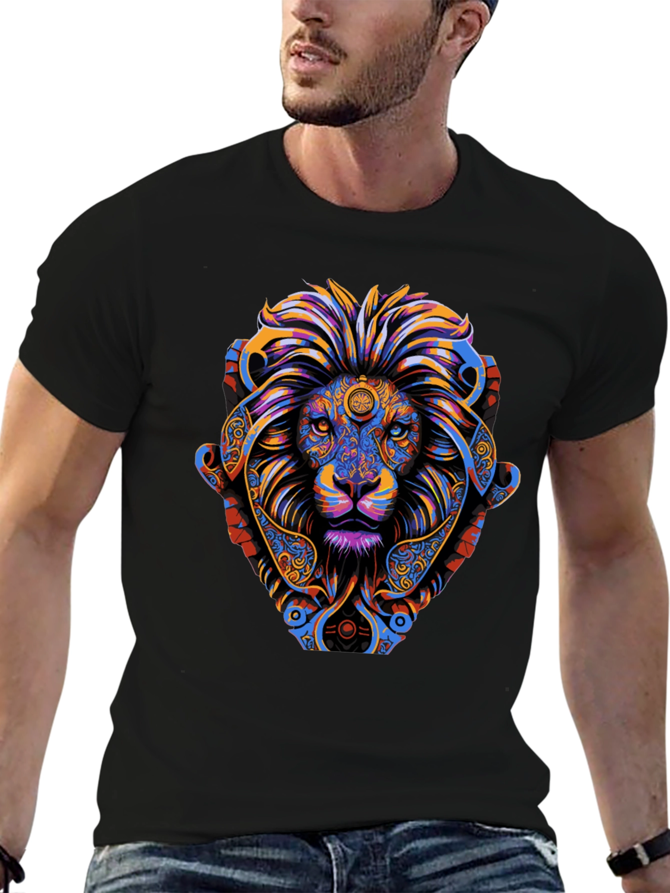 Psychedelic Lion Graphic Tee - Vibrant Mens T-Shirt