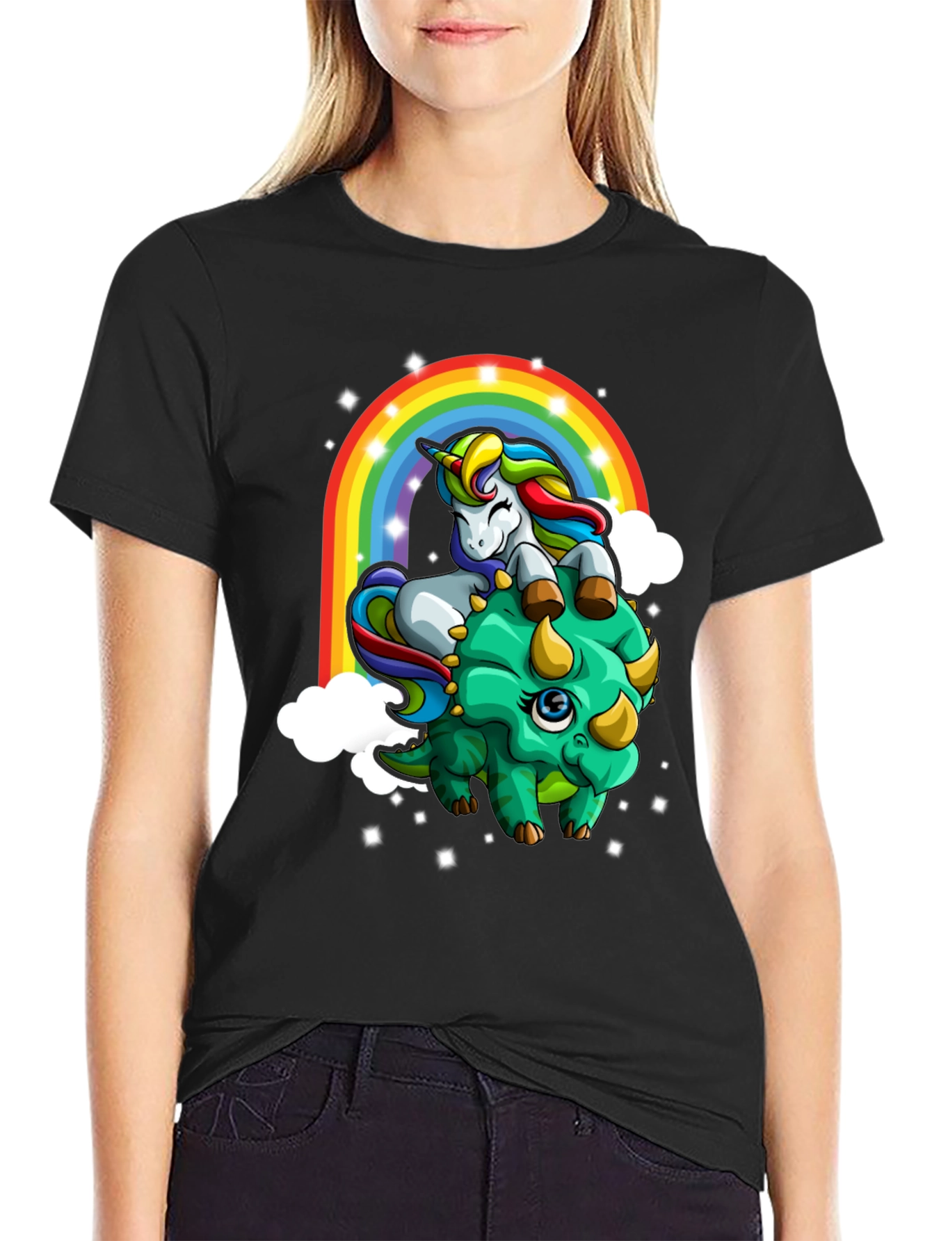 Unicorn Riding Triceratops Rainbow T-Shirt