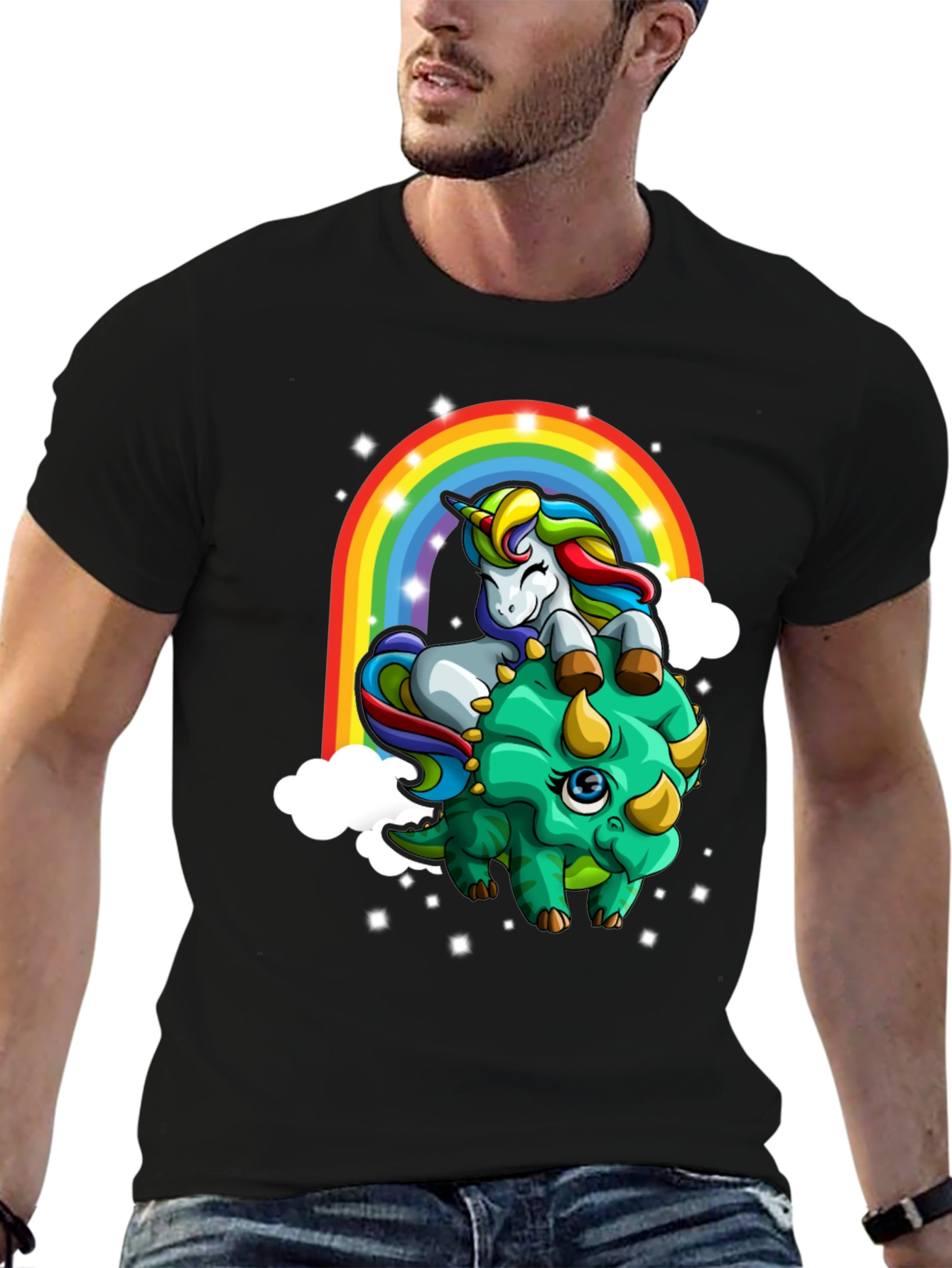 Unicorn Riding Triceratops Rainbow T-Shirt