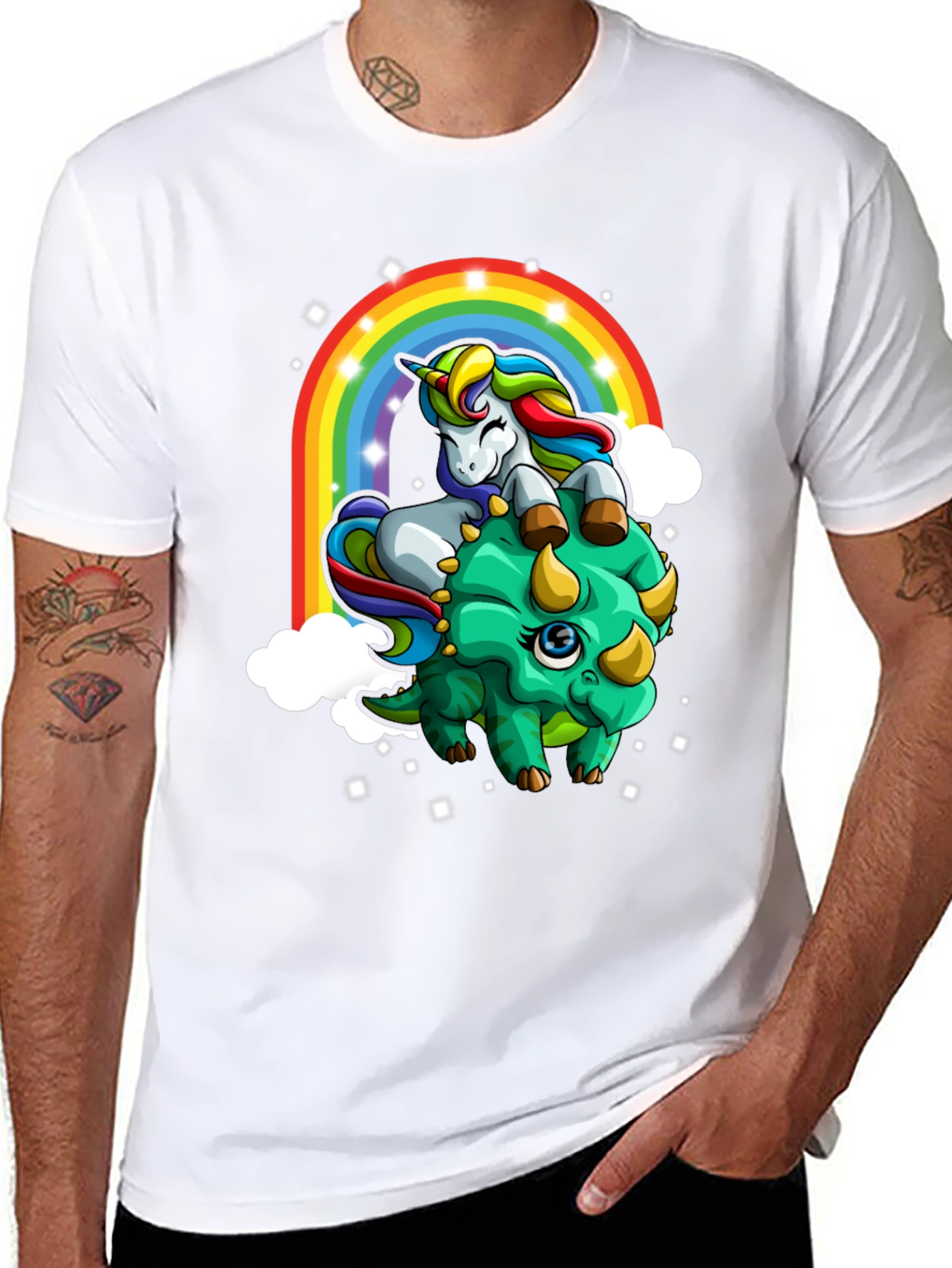 Unicorn Riding Triceratops Rainbow T-Shirt