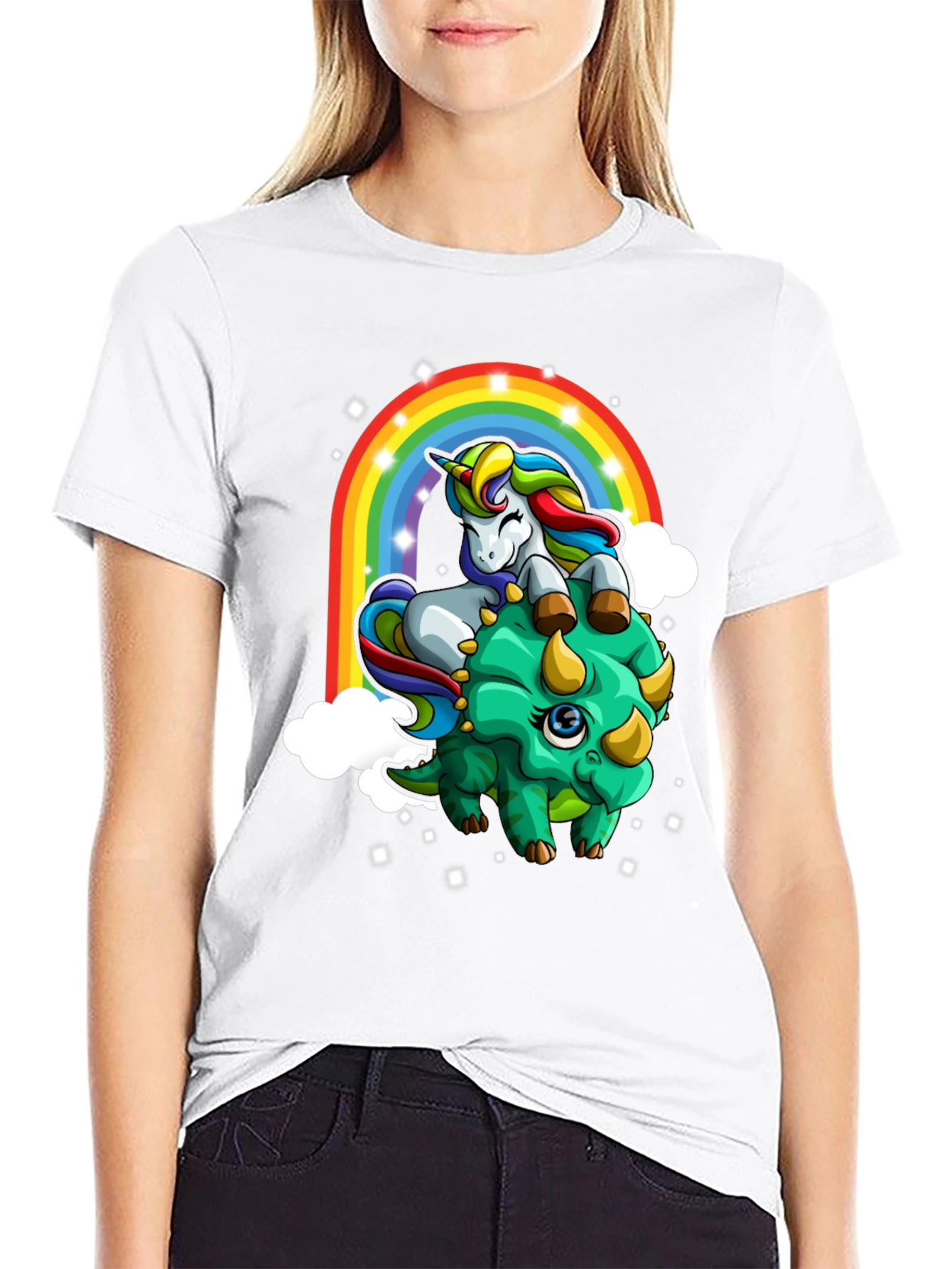 Unicorn Riding Triceratops Rainbow T-Shirt