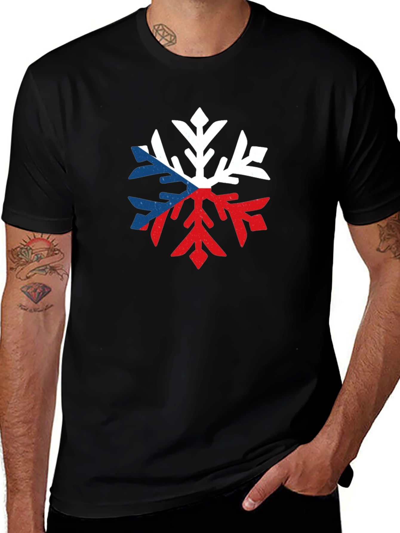 Czech Flag Snowflake Graphic Tee - Black