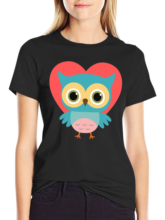 Cute Owl Heart Graphic Black T-Shirt