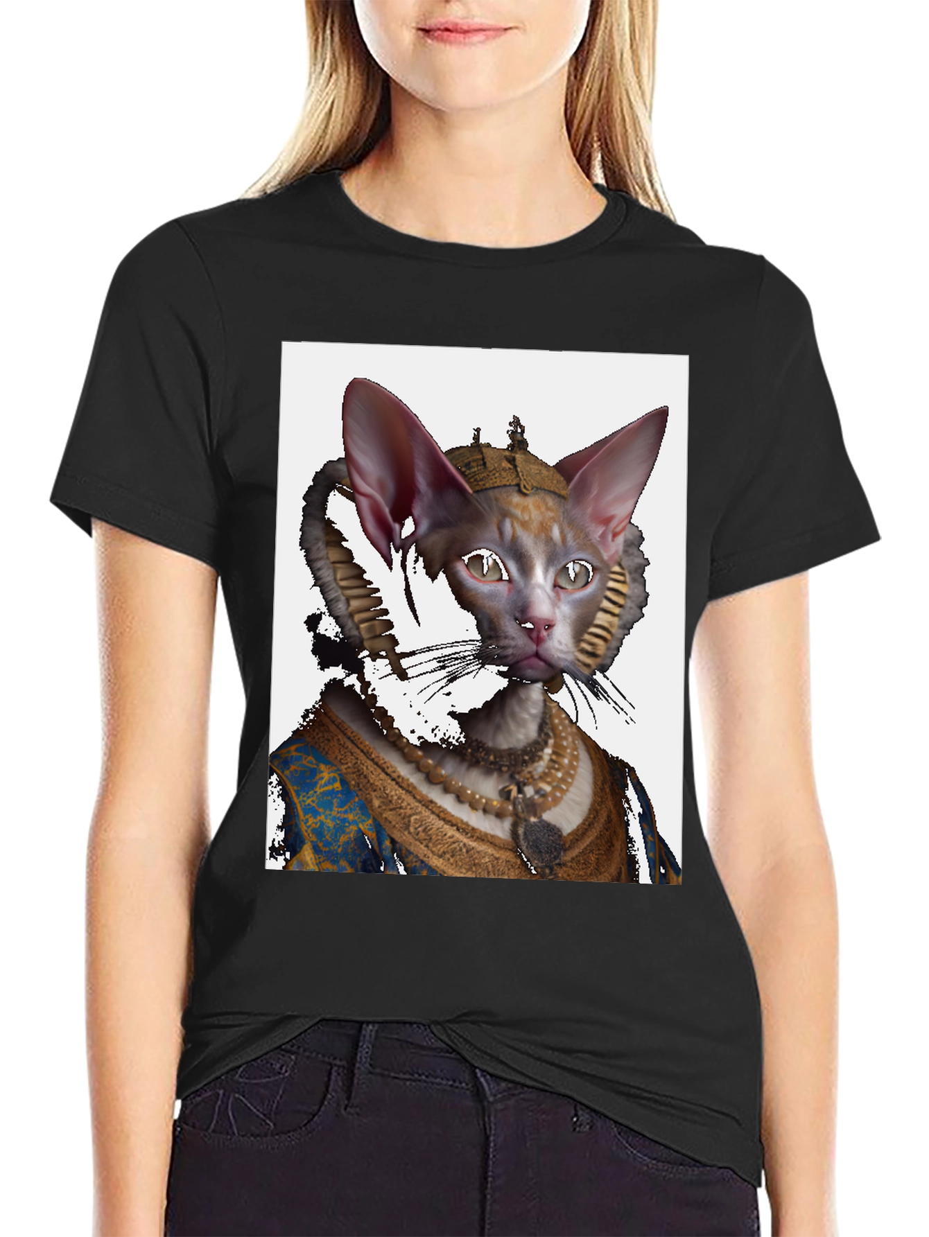 Regal Cat Portrait Black T-Shirt
