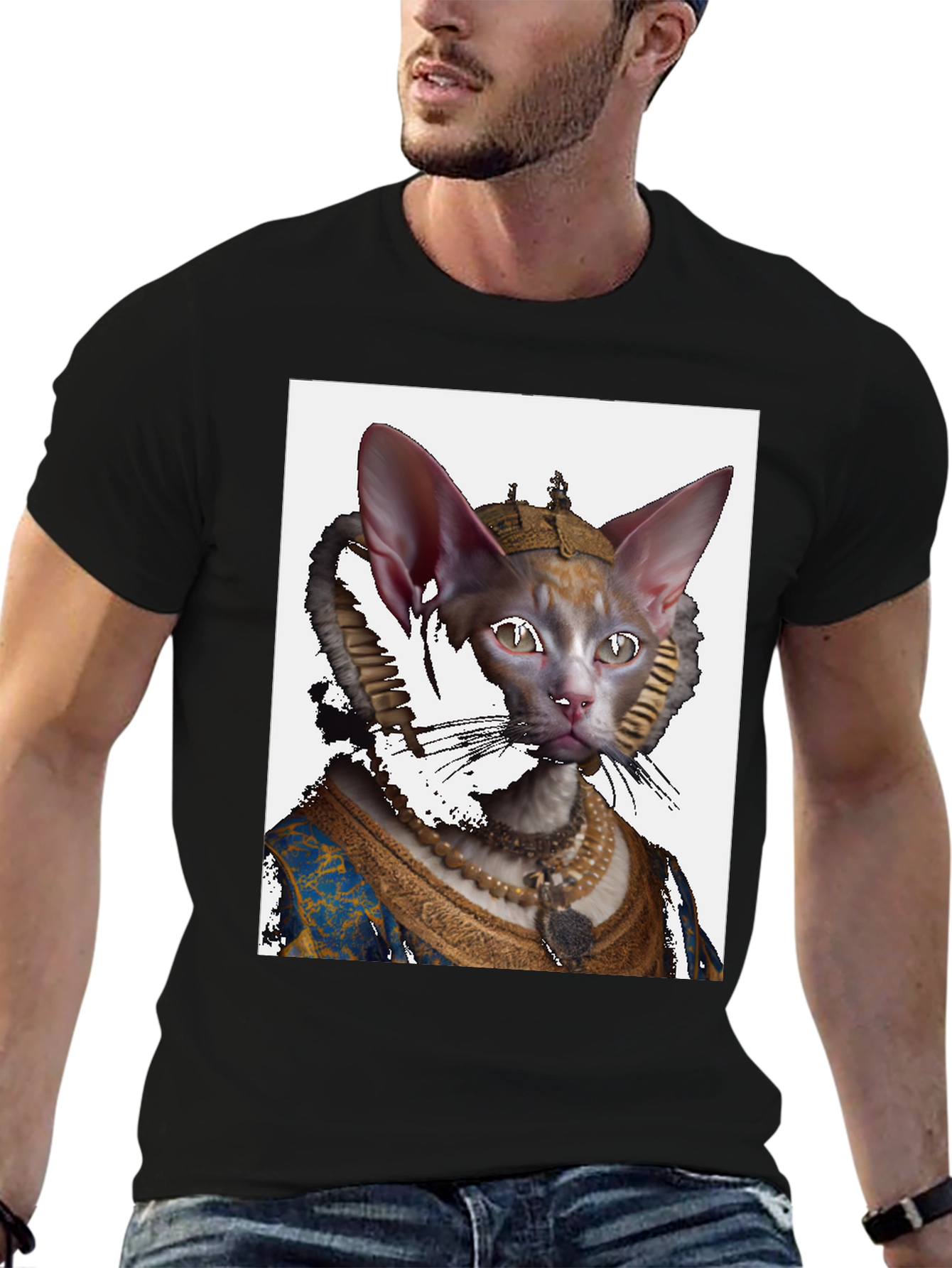 Regal Cat Portrait Black T-Shirt