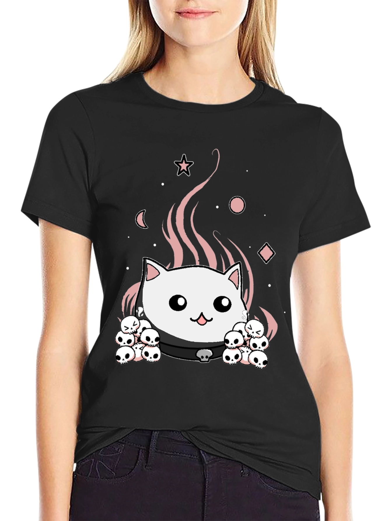 Gothic Cat Skull T-Shirt - Cute Spooky Design