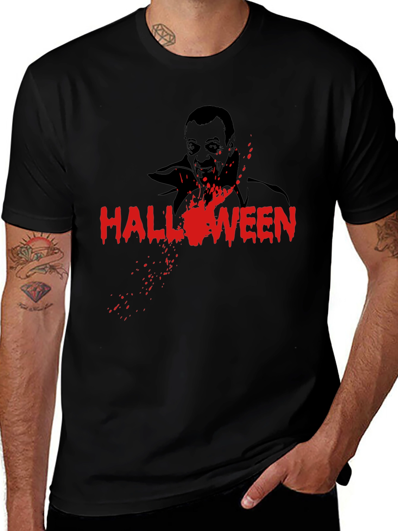Halloween Vampire Graphic Tee - Black Cotton T-Shirt