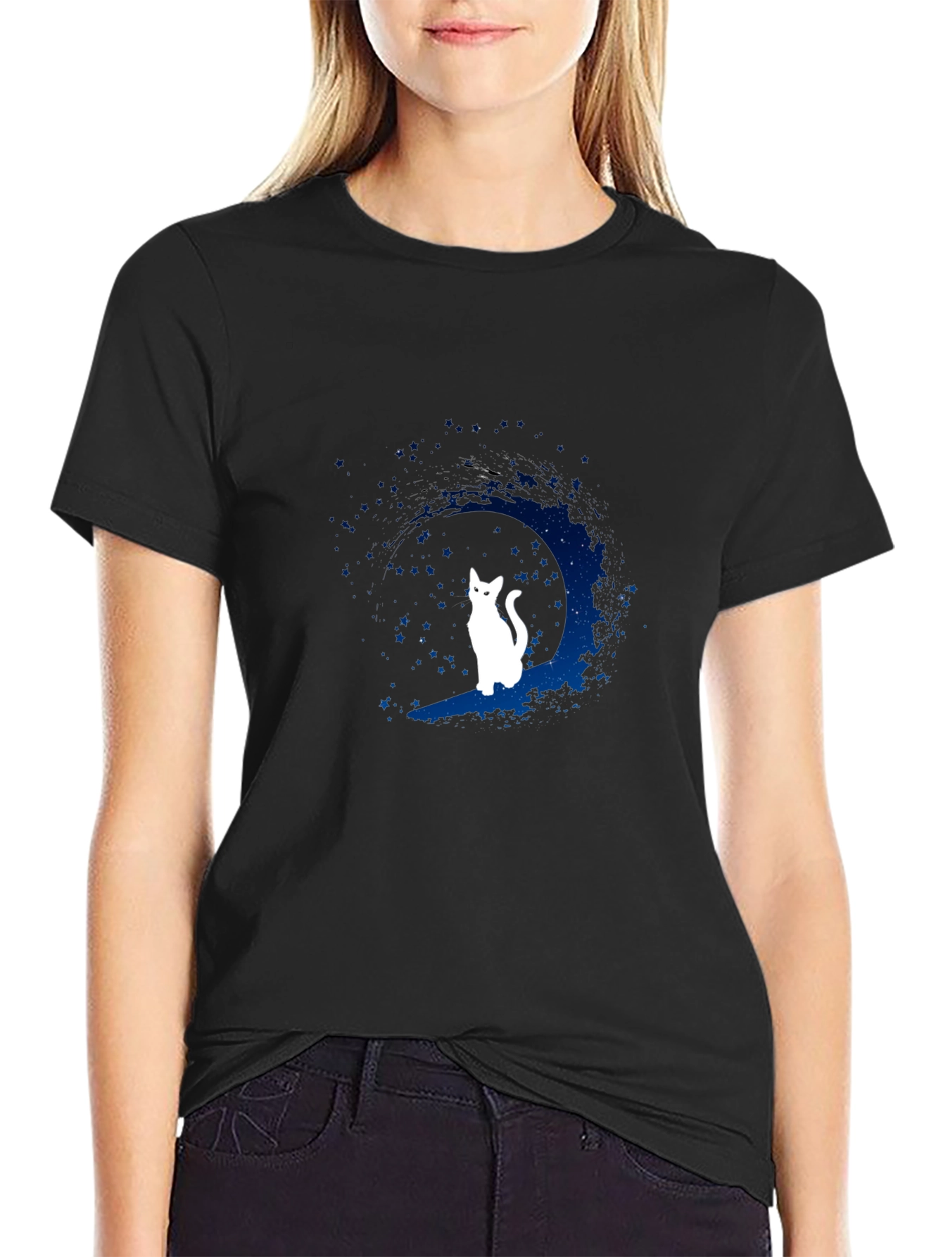 Moon Cat Graphic Tee - Black Cotton Blend