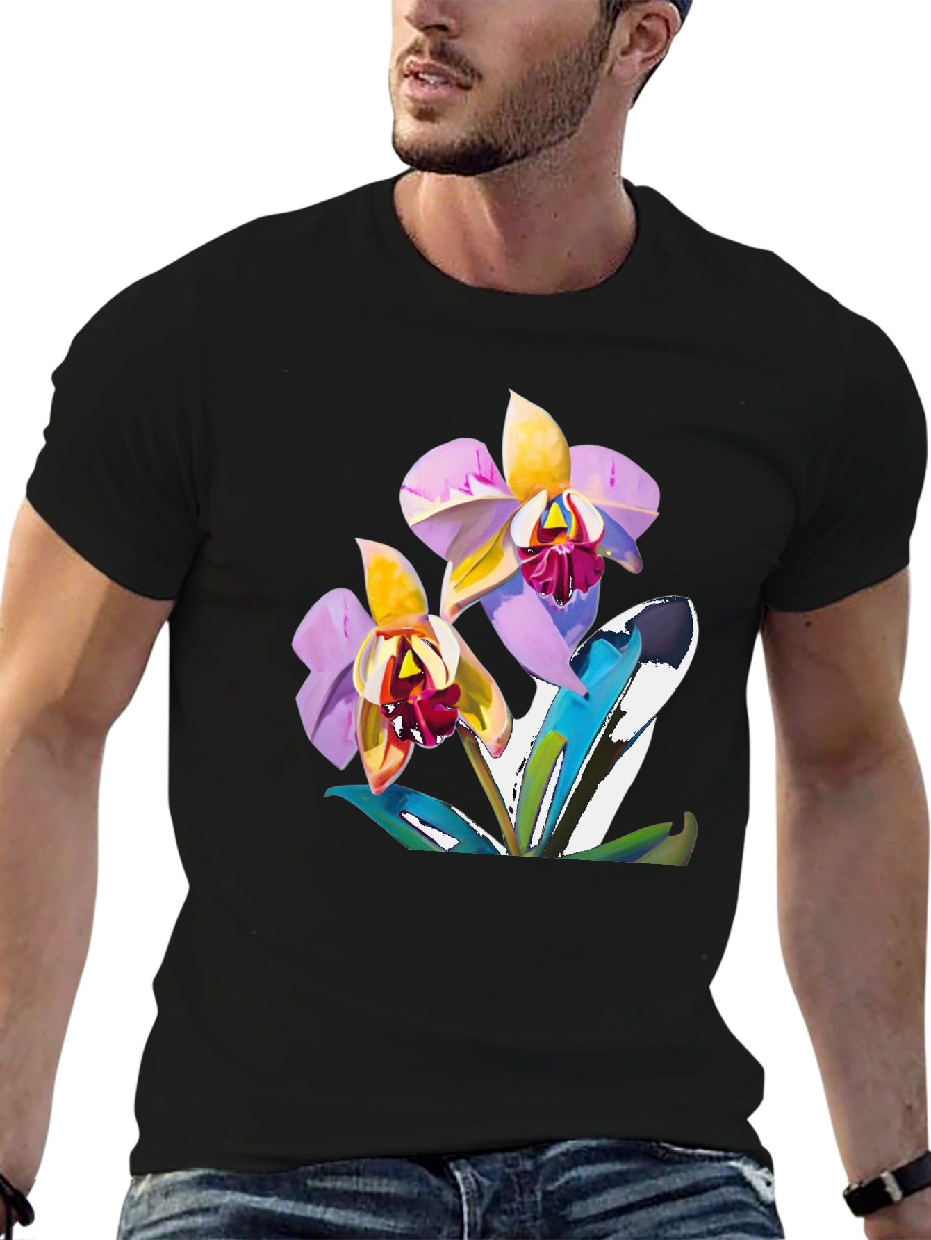 Orchid Graphic T-Shirt - Black Cotton Blend