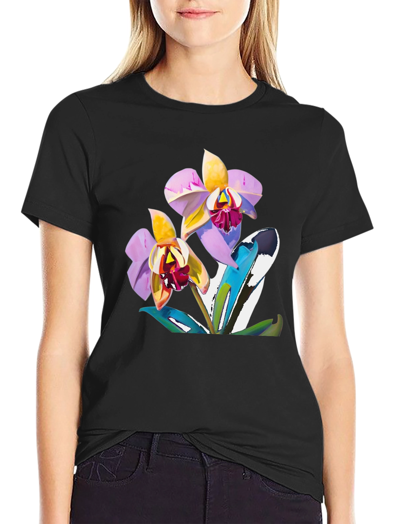 Orchid Graphic T-Shirt - Black Cotton Blend