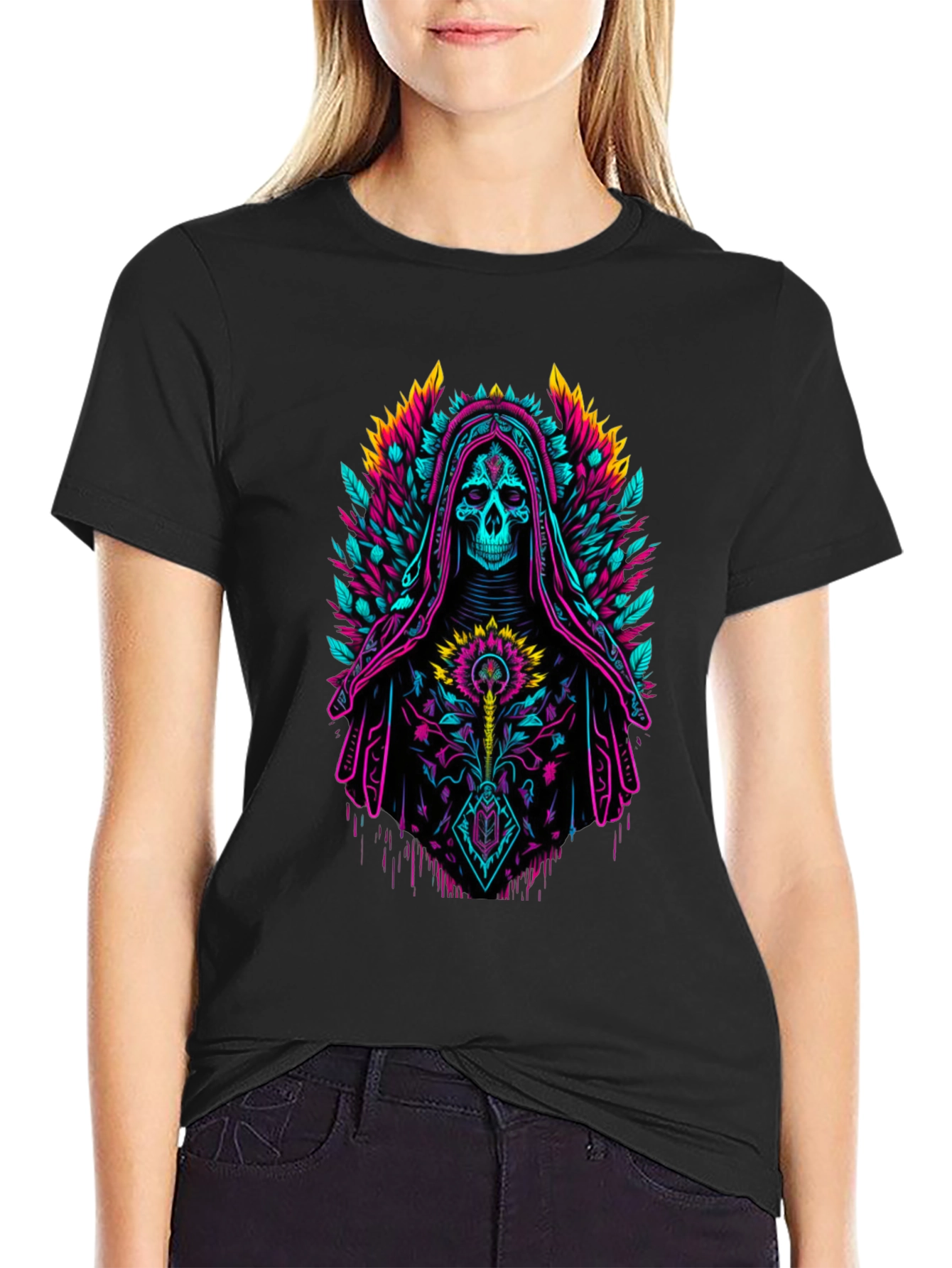 Neon Grim Reaper Graphic Tee - Bold Skull Design