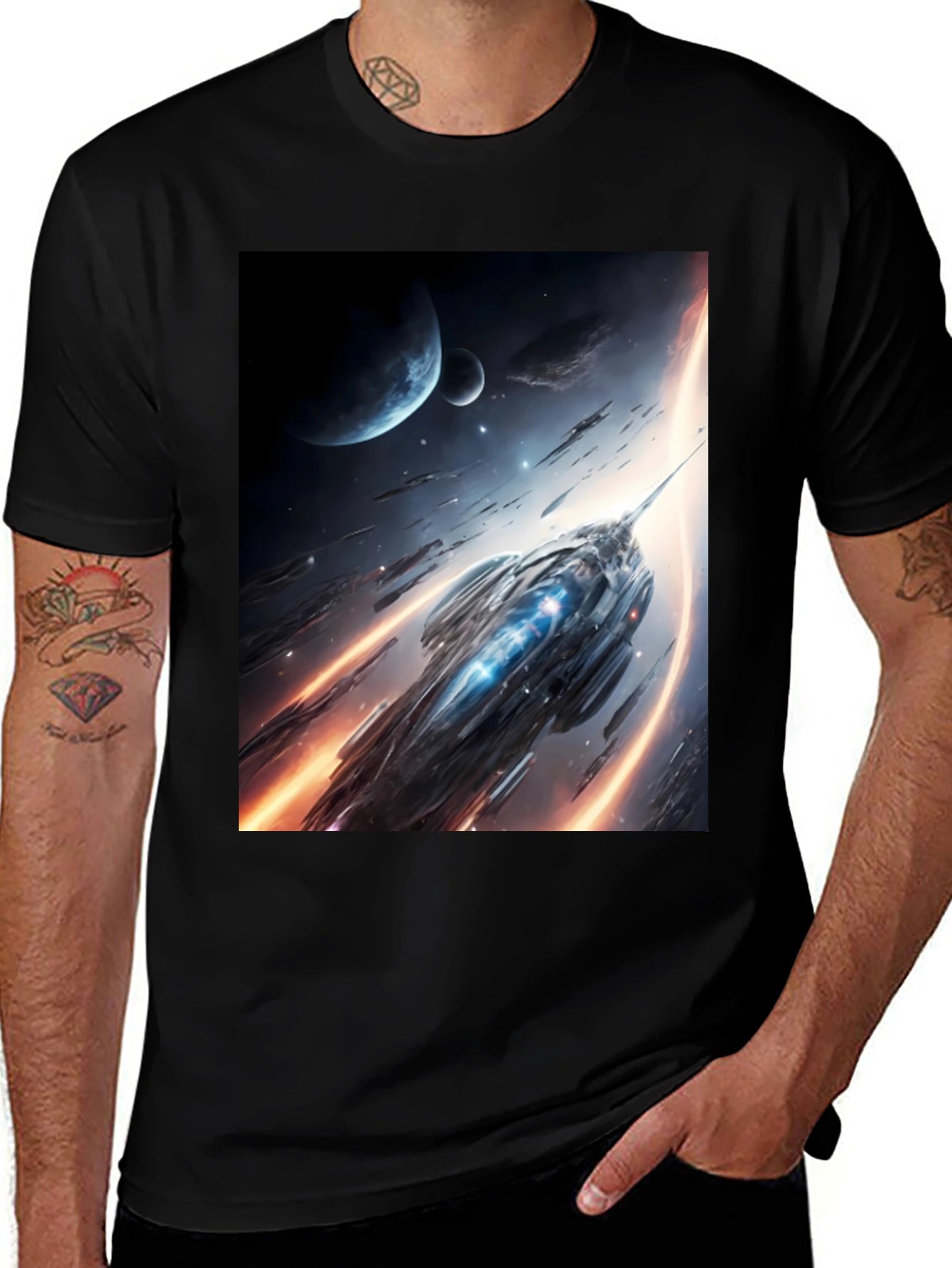 Sci-Fi Spaceship Graphic Black T-Shirt