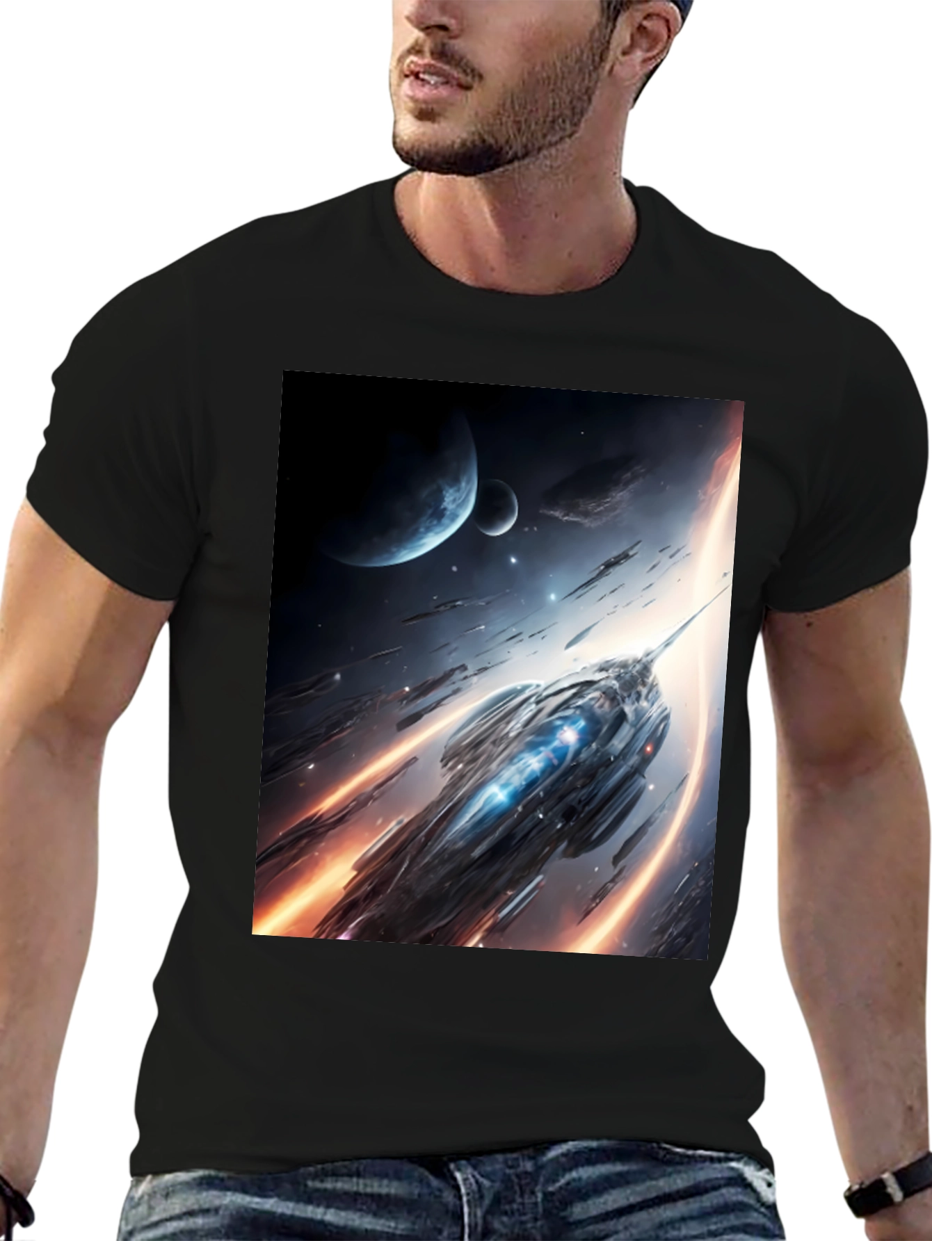 Sci-Fi Spaceship Graphic Black T-Shirt