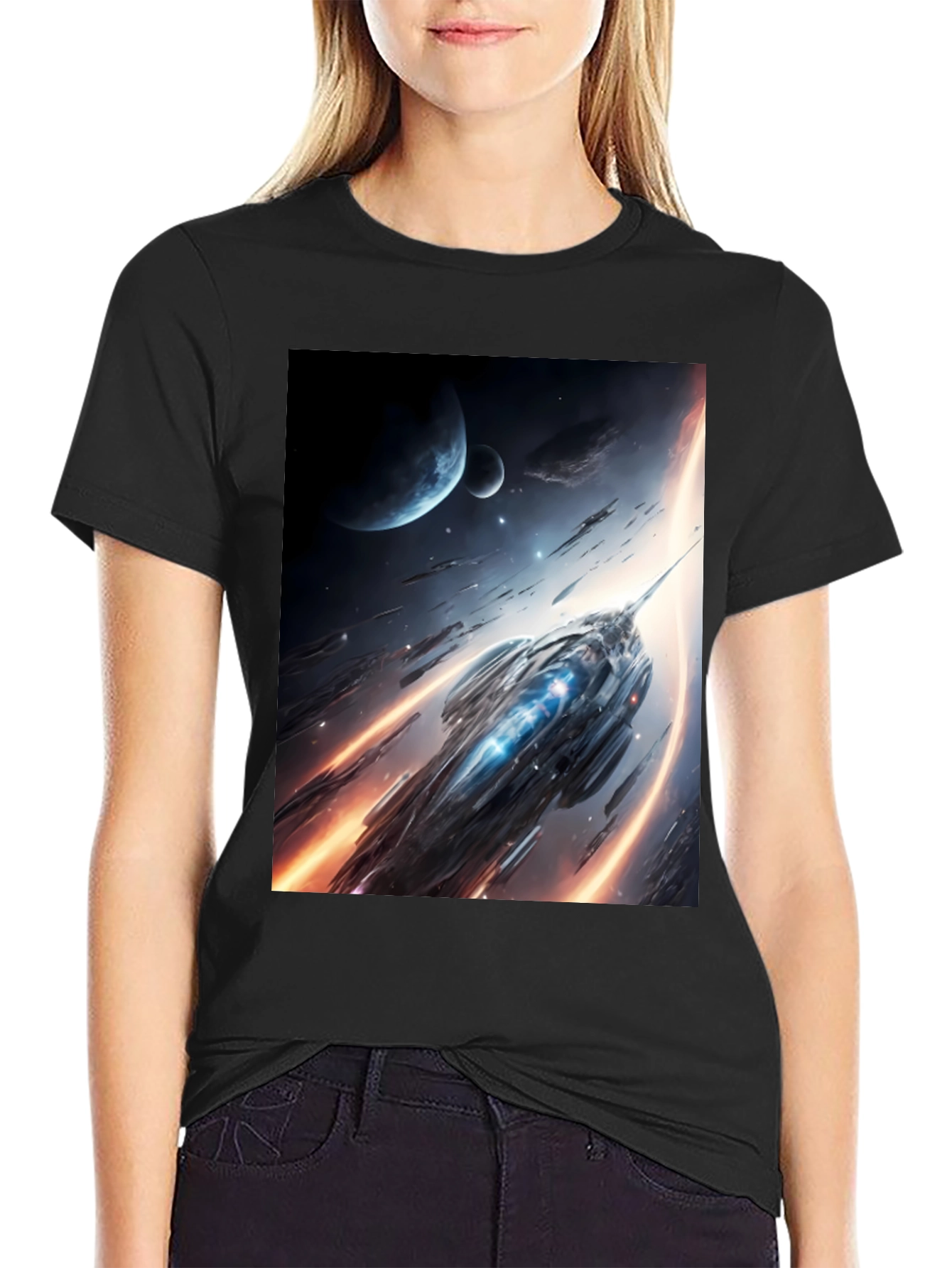 Sci-Fi Spaceship Graphic Black T-Shirt