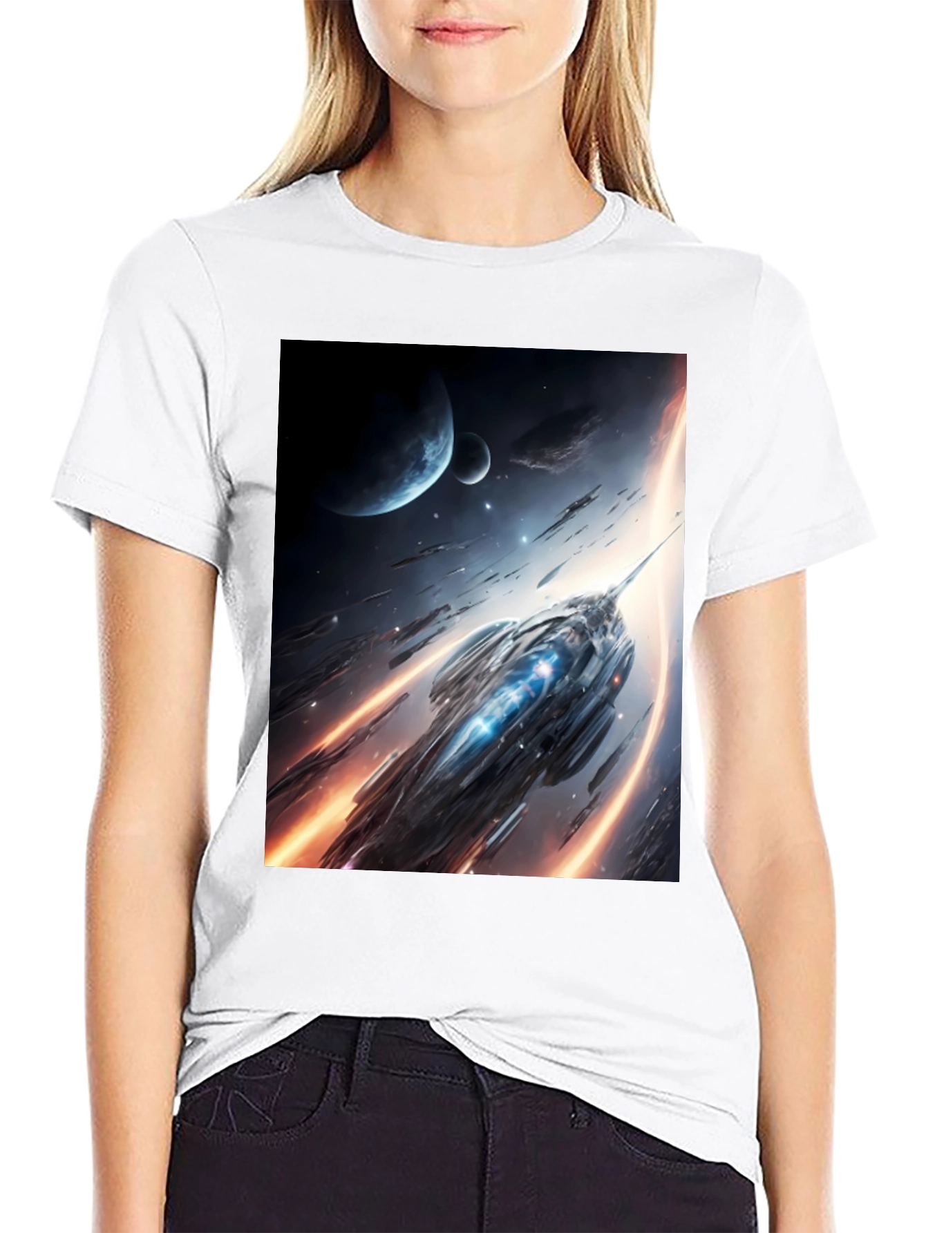 Sci-Fi Spaceship Graphic Black T-Shirt
