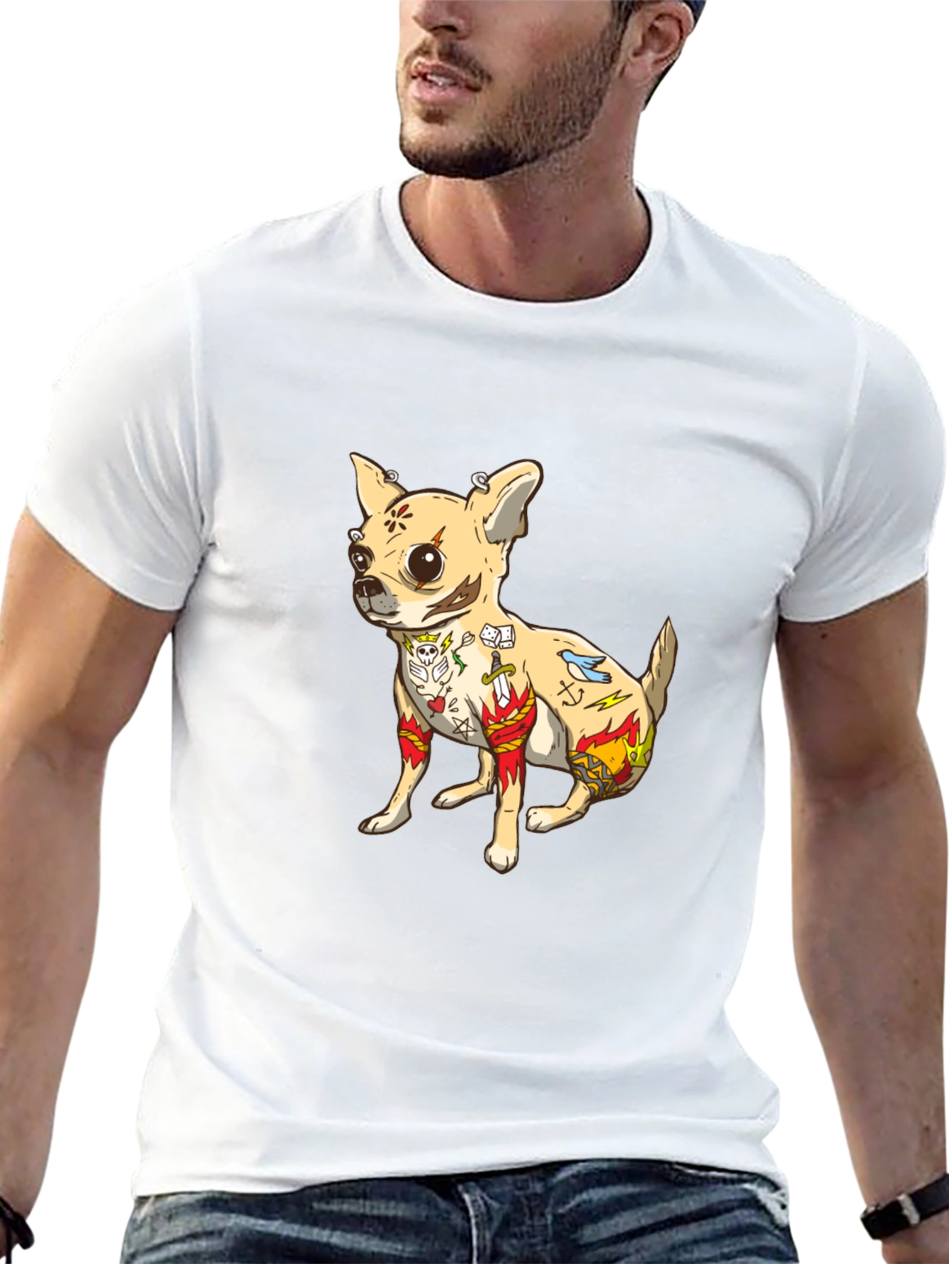 Tattooed Chihuahua Graphic Tee - Black Cotton T-Shirt