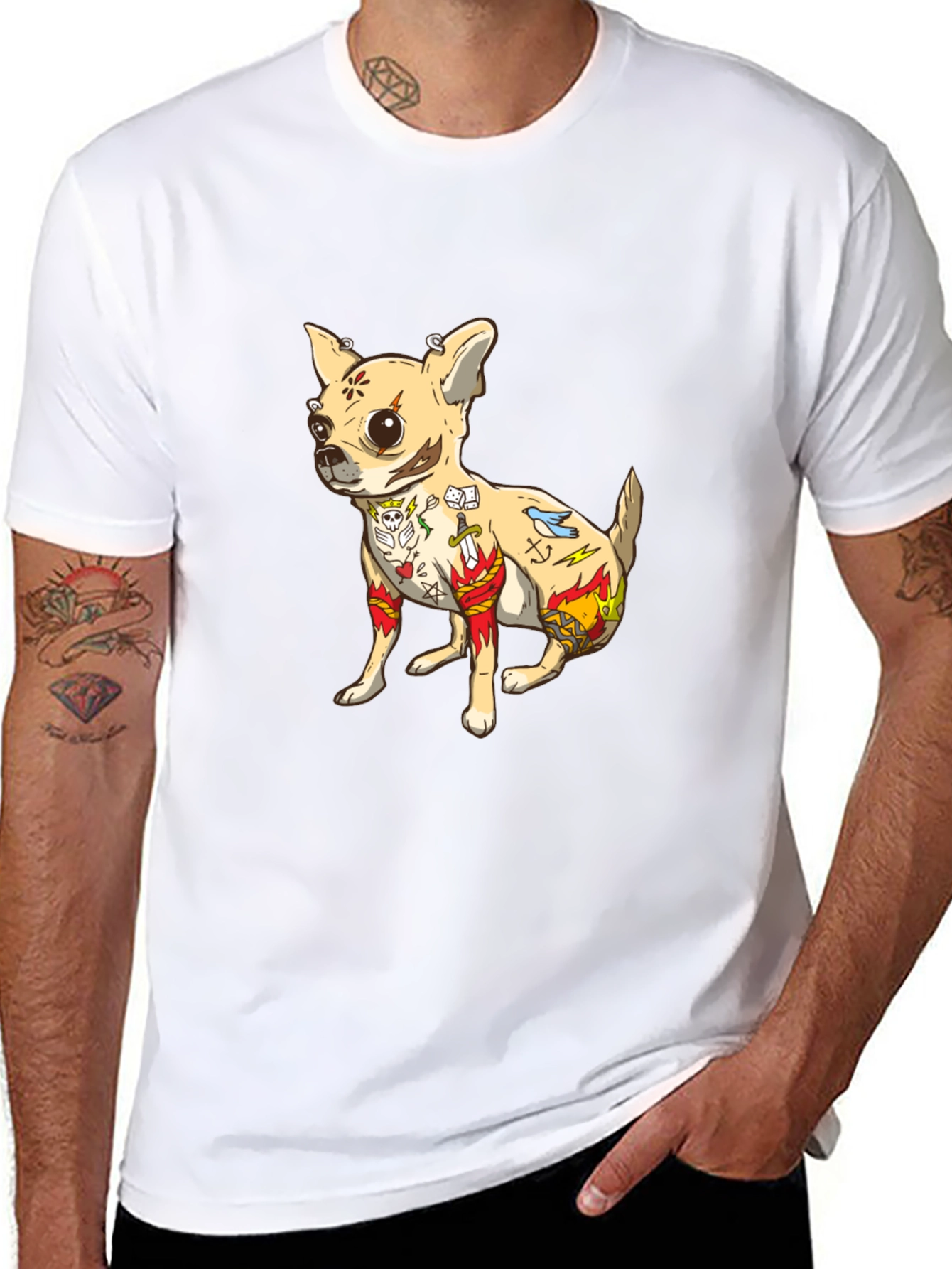 Tattooed Chihuahua Graphic Tee - Black Cotton T-Shirt