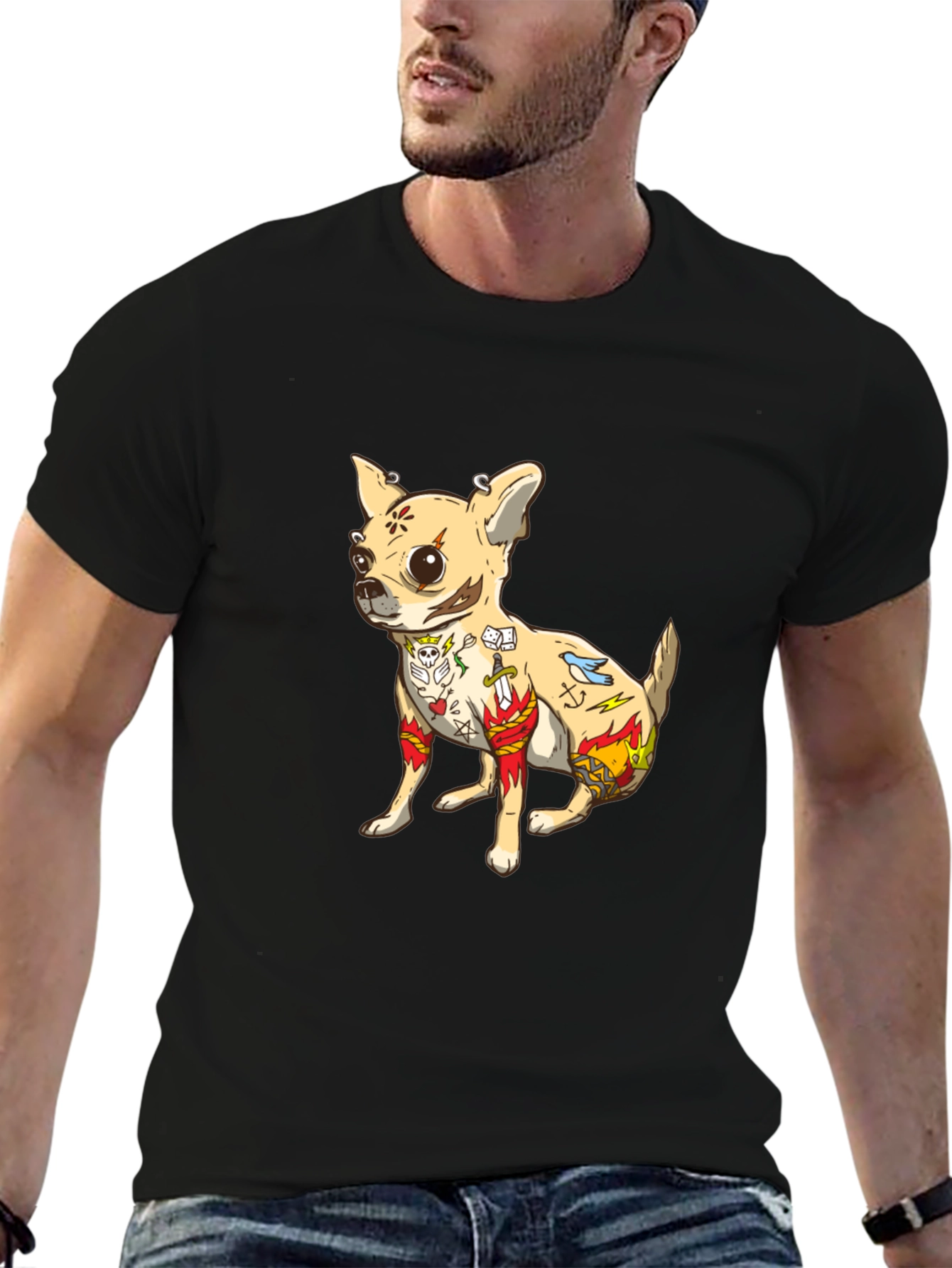 Tattooed Chihuahua Graphic Tee - Black Cotton T-Shirt