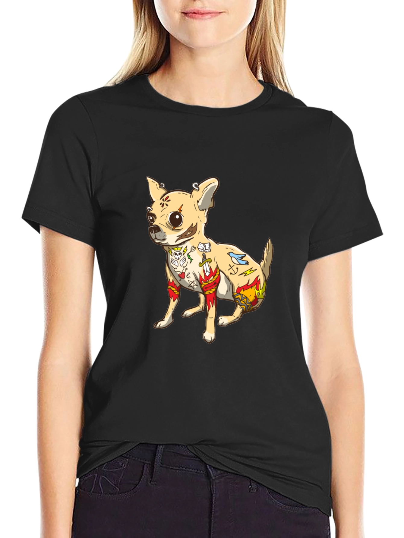 Tattooed Chihuahua Graphic Tee - Black Cotton T-Shirt