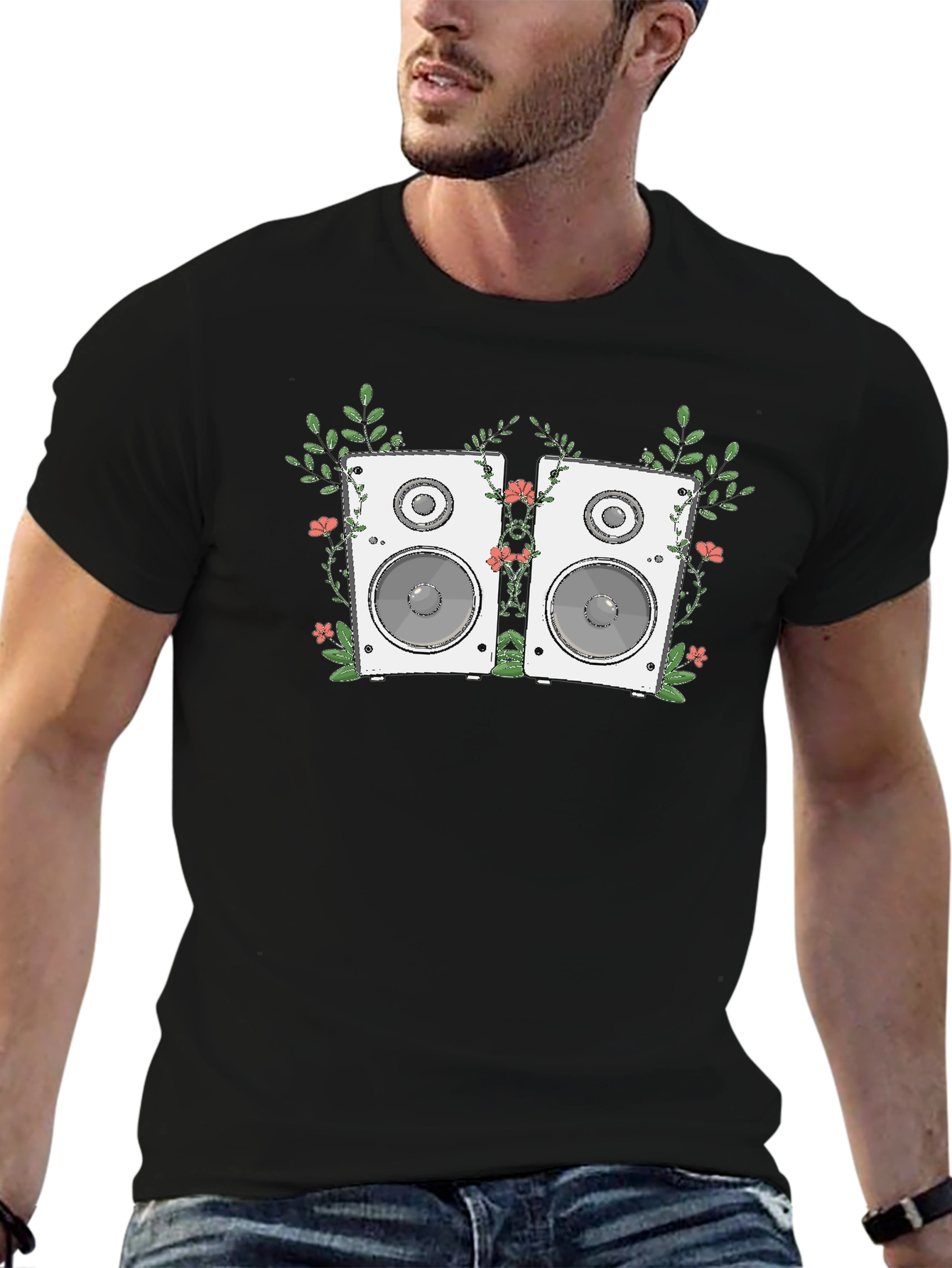 Floral Speaker Graphic Tee - Black Cotton T-Shirt