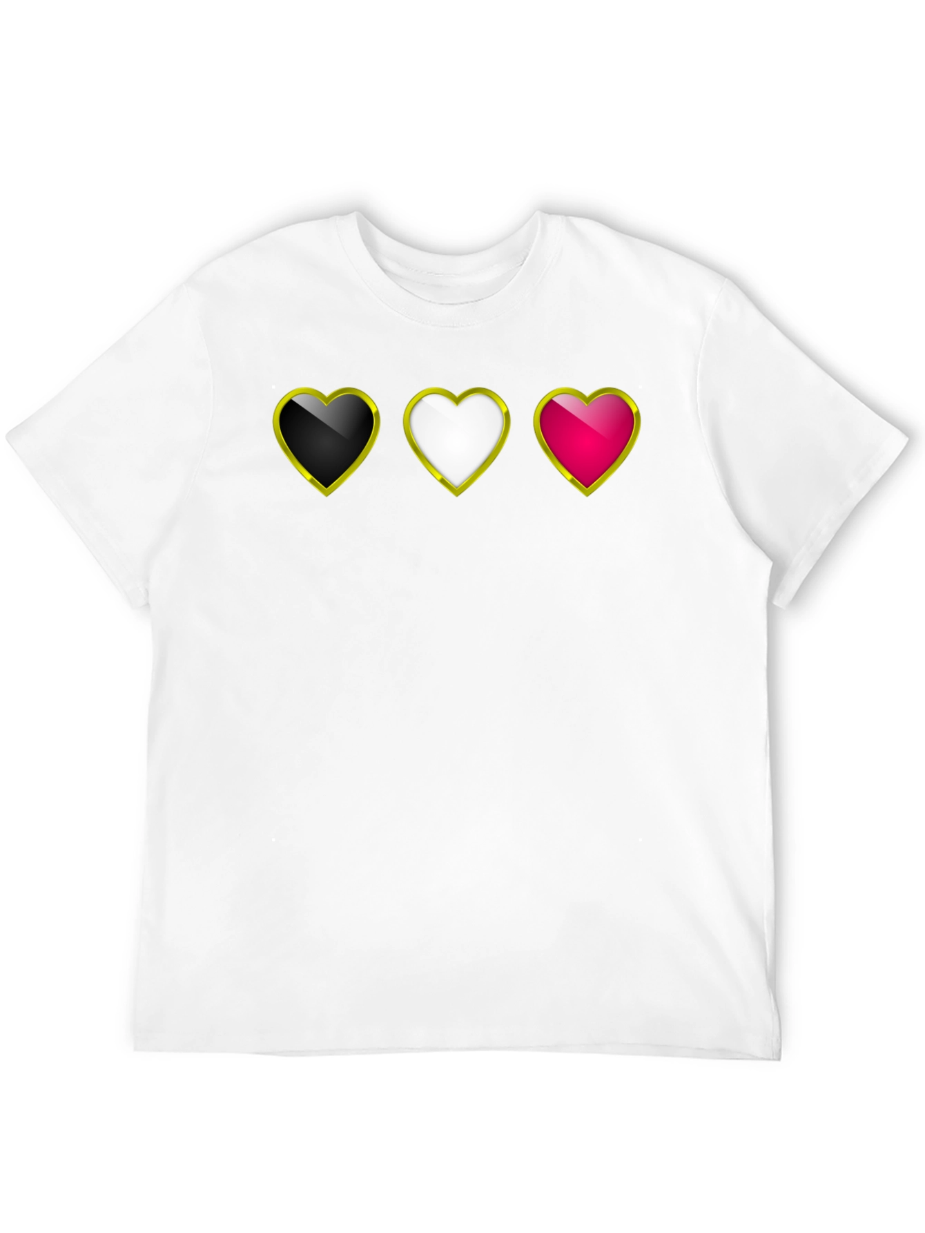 Heart Trio Black T-Shirt: Gold Trim Hearts Design