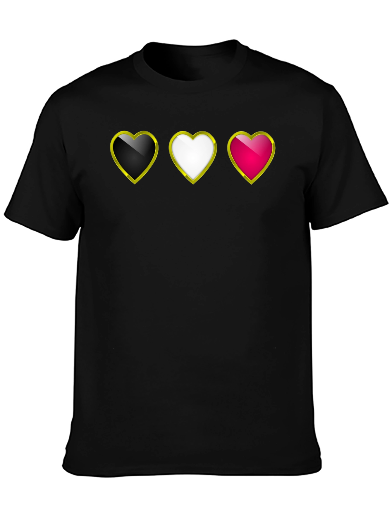 Heart Trio Black T-Shirt: Gold Trim Hearts Design