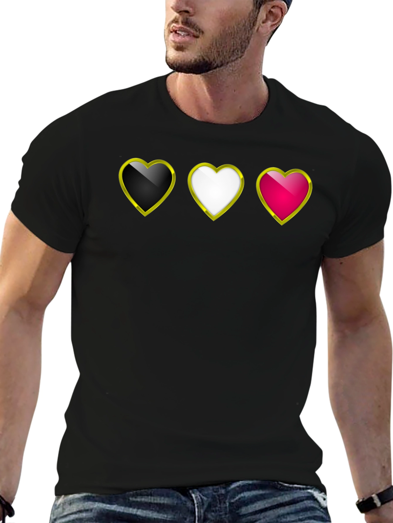 Heart Trio Black T-Shirt: Gold Trim Hearts Design