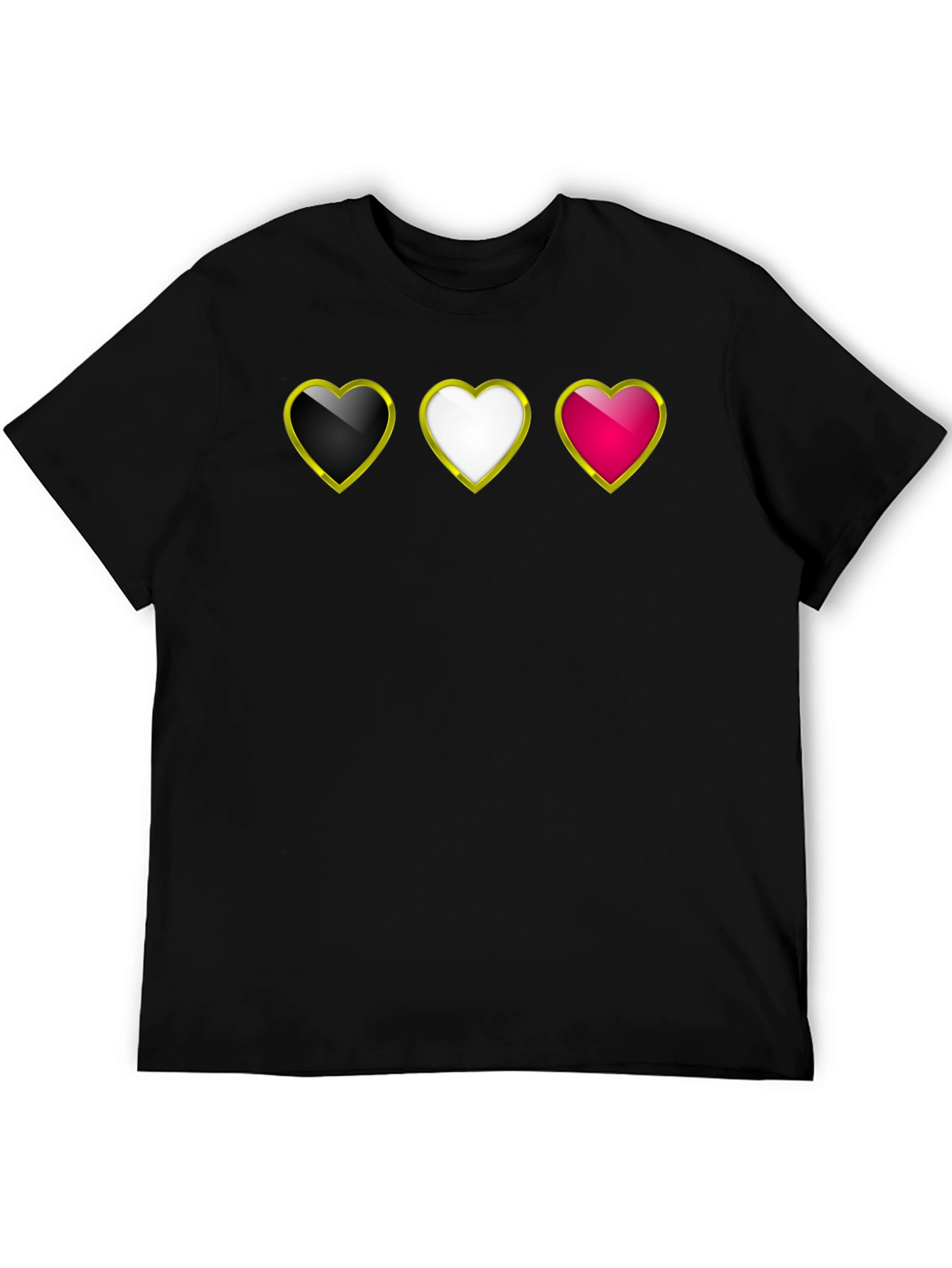 Heart Trio Black T-Shirt: Gold Trim Hearts Design