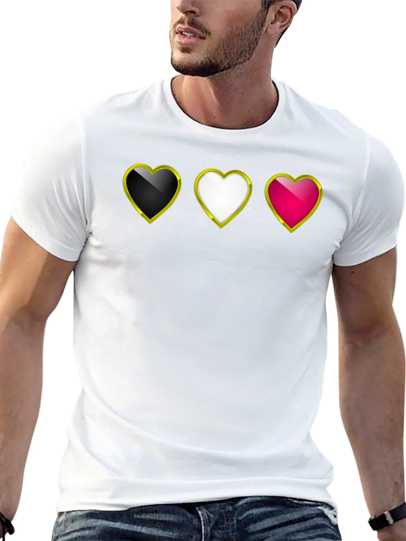 Heart Trio Black T-Shirt: Gold Trim Hearts Design