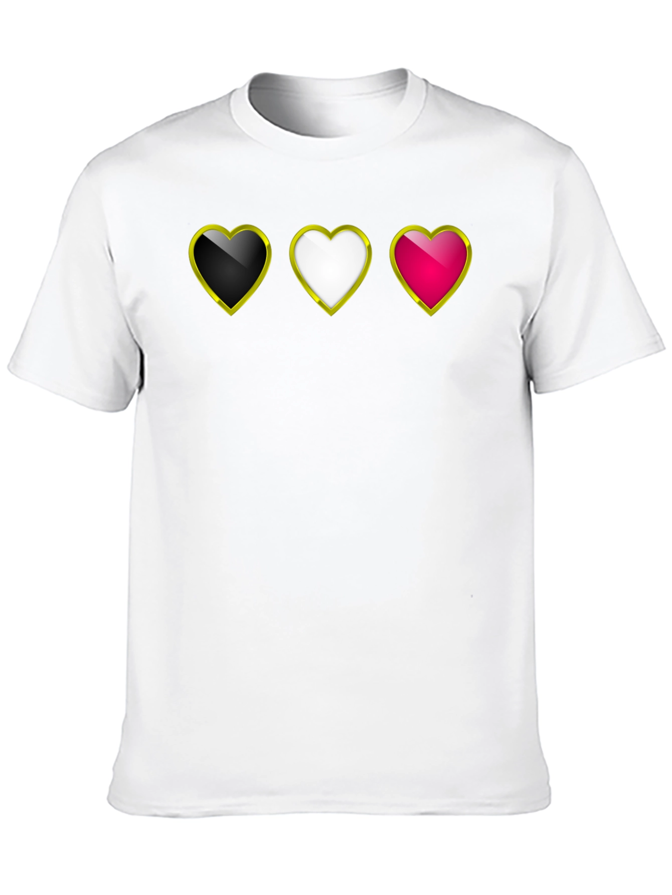 Heart Trio Black T-Shirt: Gold Trim Hearts Design