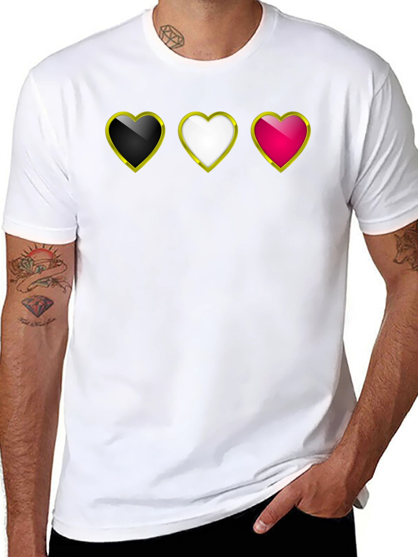 Heart Trio Black T-Shirt: Gold Trim Hearts Design
