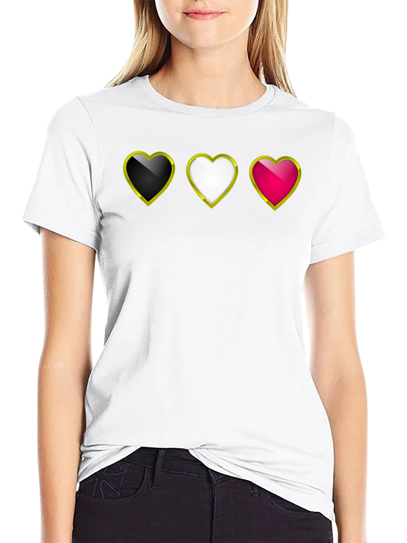 Heart Trio Black T-Shirt: Gold Trim Hearts Design