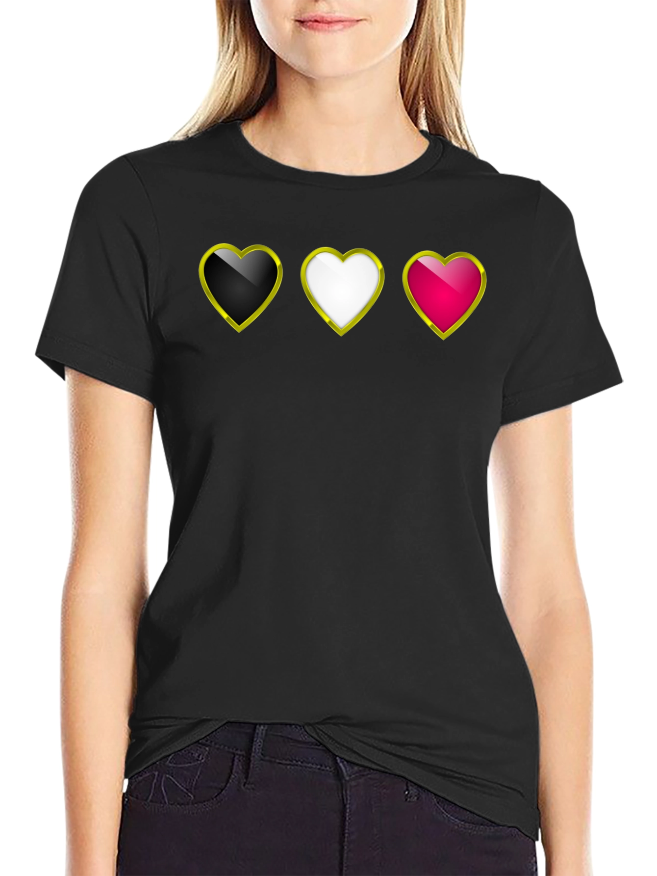 Heart Trio Black T-Shirt: Gold Trim Hearts Design