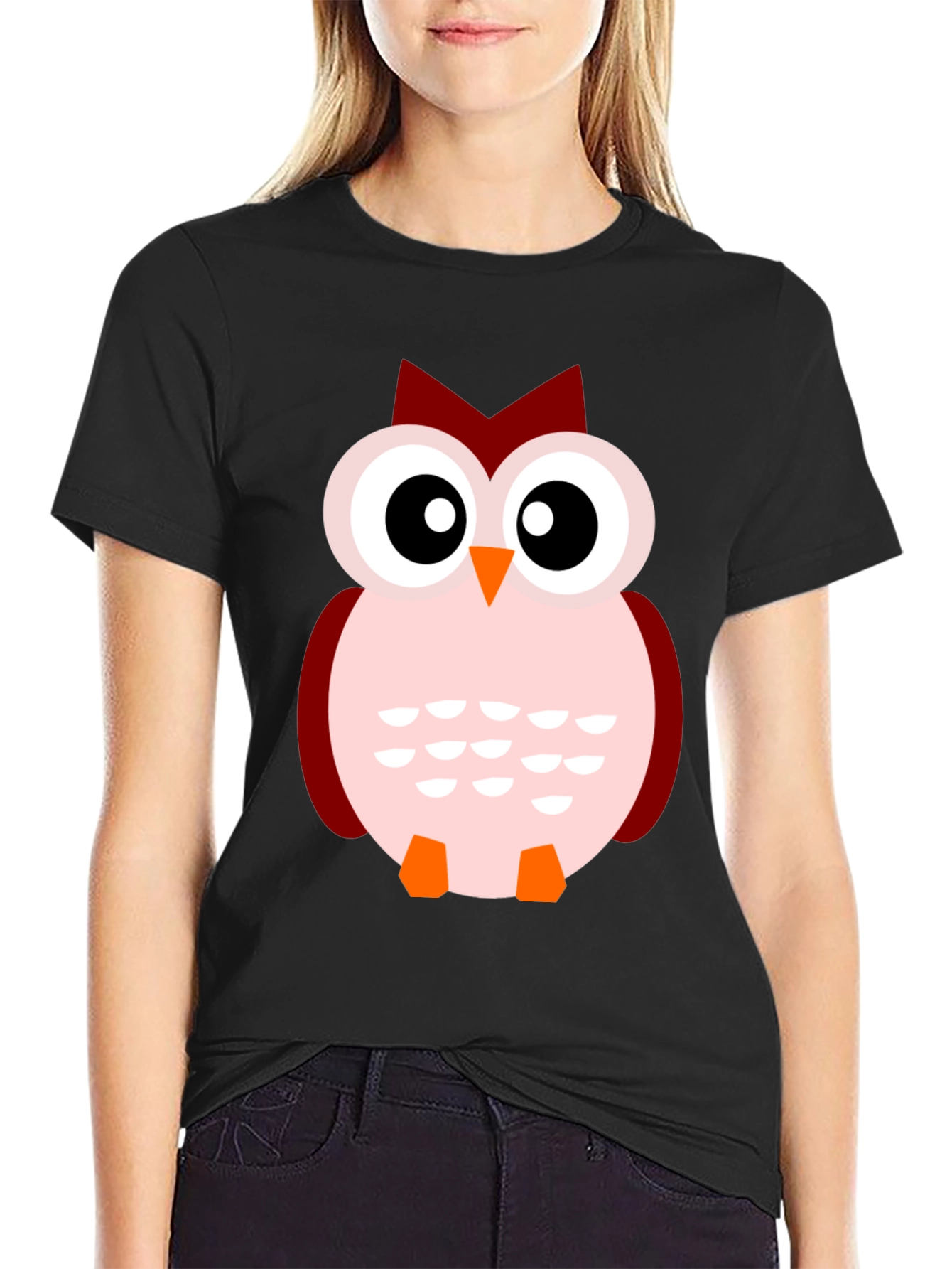 Cute Cartoon Owl Black T-Shirt