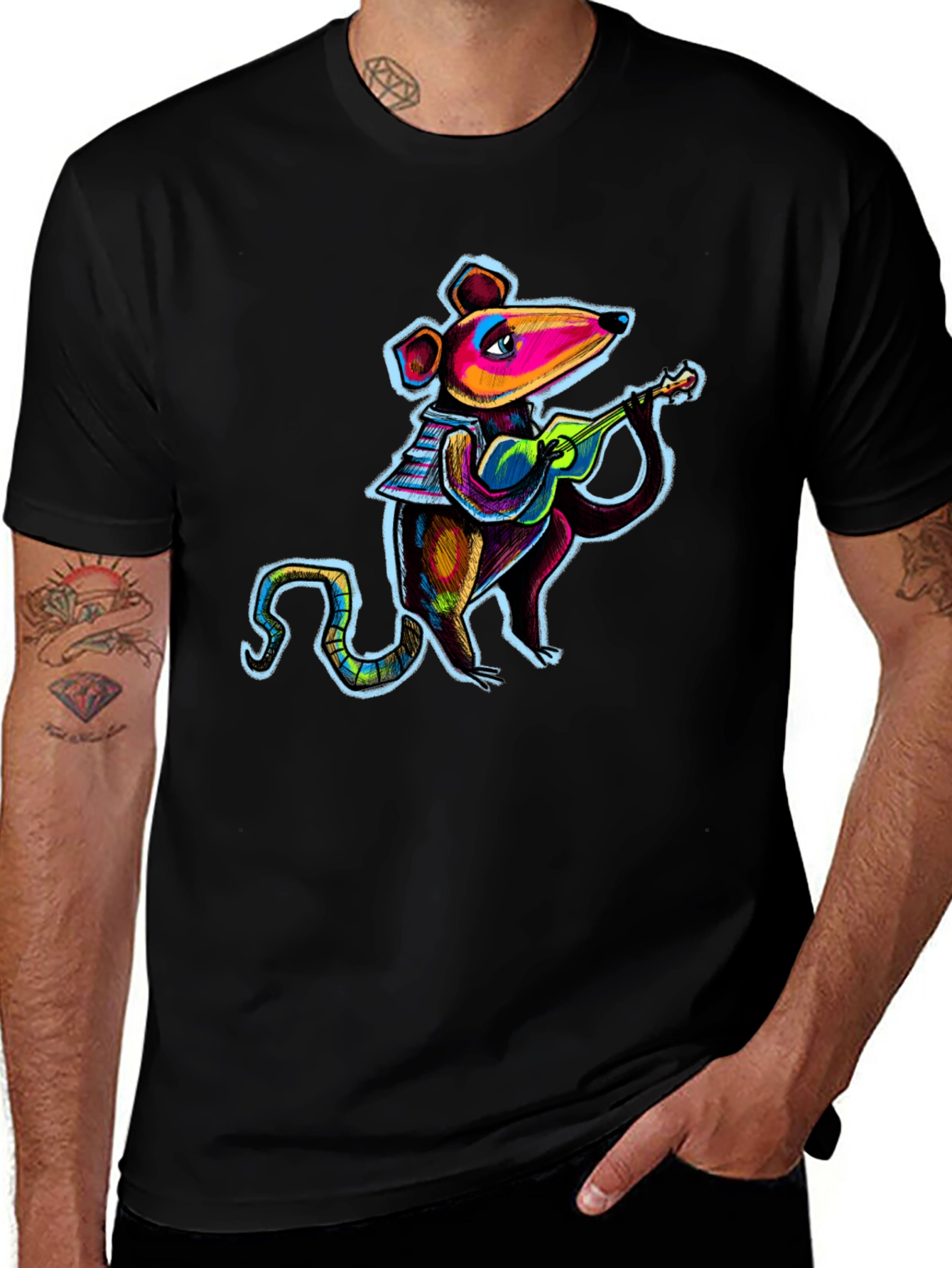 Rat Playing Ukulele Black T-Shirt