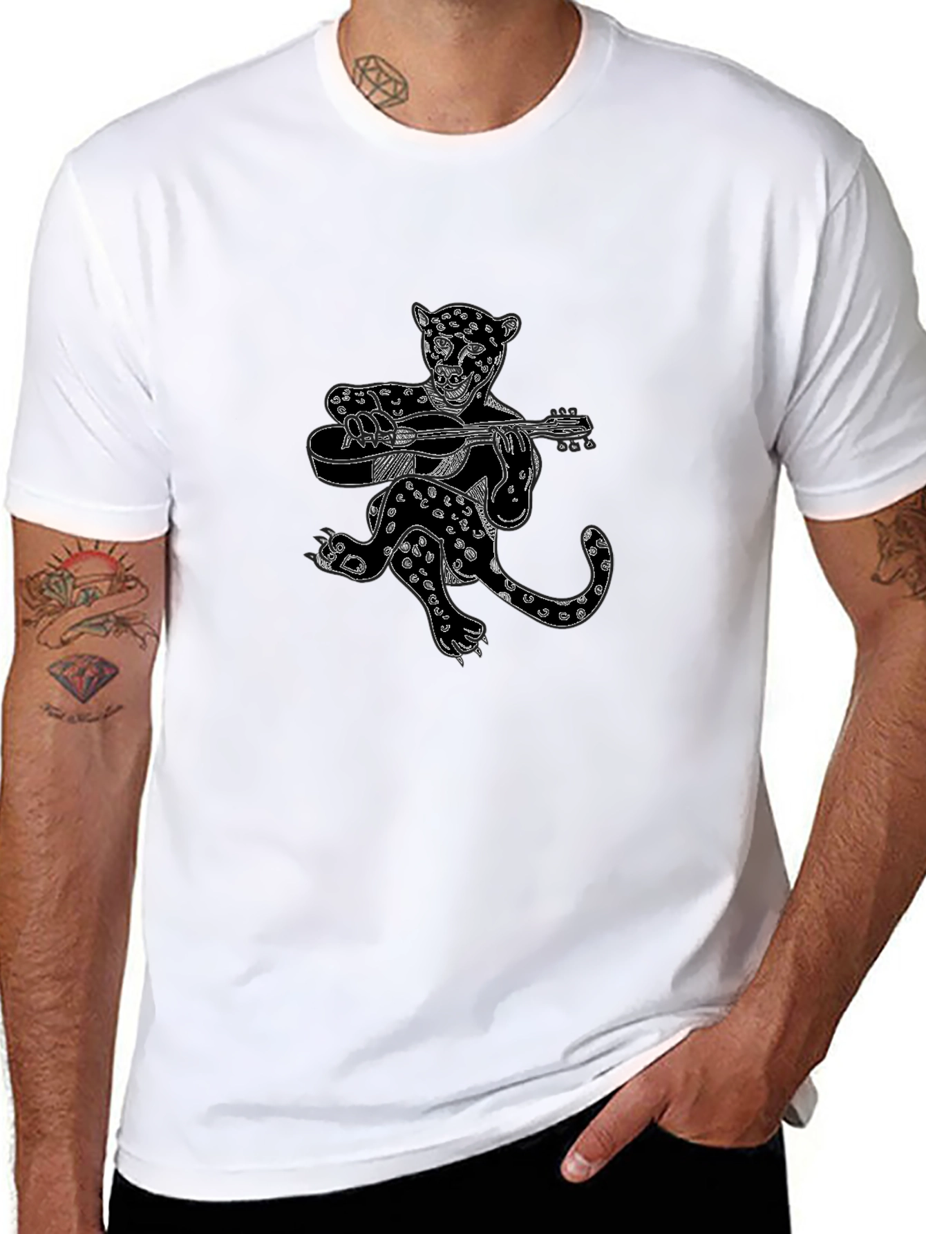 Black Graphic Tee - Leopard Guitar Player