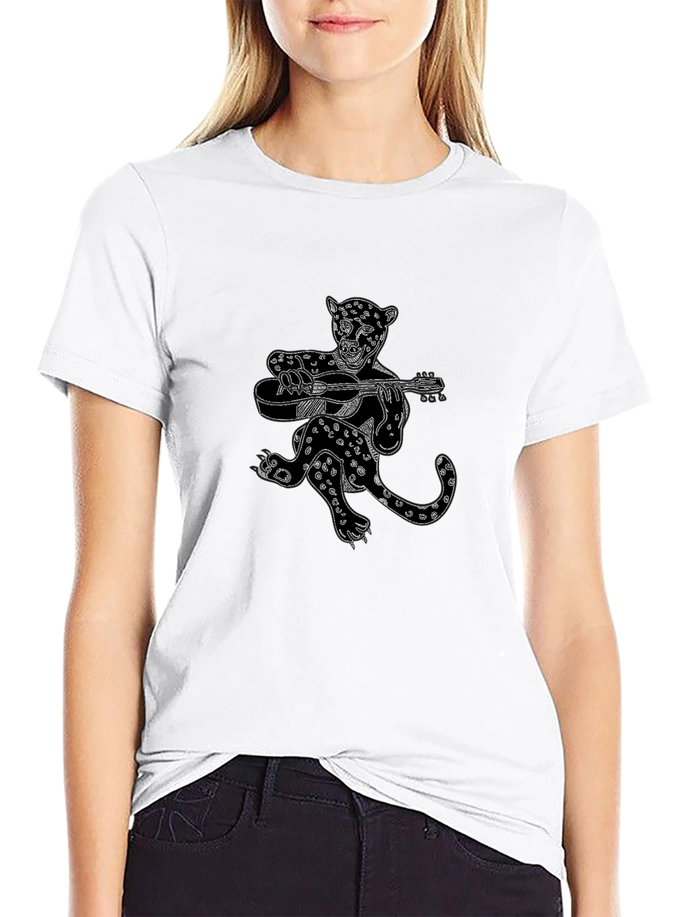 Black Graphic Tee - Leopard Guitar Player