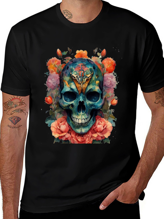 Floral Skull Graphic T-Shirt - Vibrant Watercolor Design