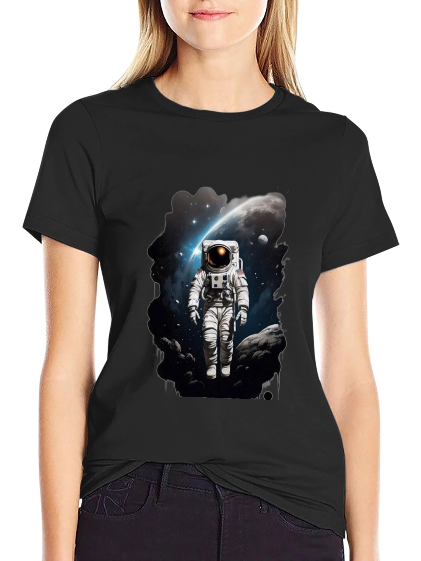 Astronaut in Space Graphic Tee - Black Cotton T-Shirt